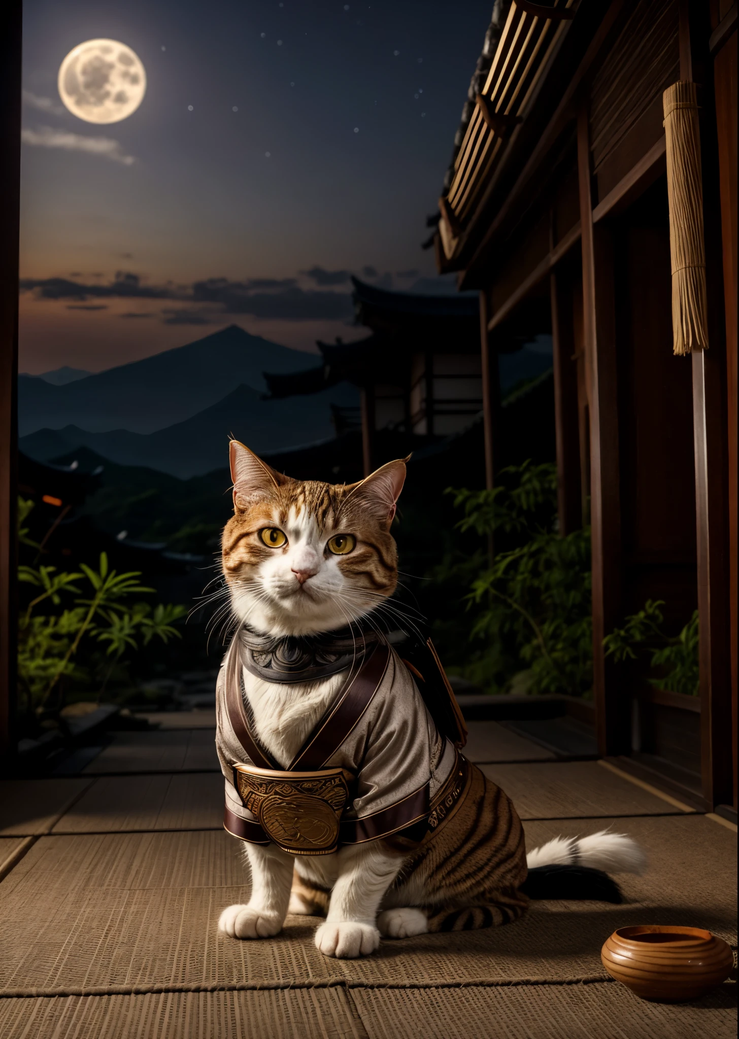A brown-and-white tabby cat yokai that represents the personification of an old Japanese samurai、Wearing Yamato samurai armor、Dressed in kimono、In front of the ruined shrine、West Shot、Moonlit Night、lush vegetation、Old tales、Like a Japanese period film、8K、16K、Detailed、Alluring