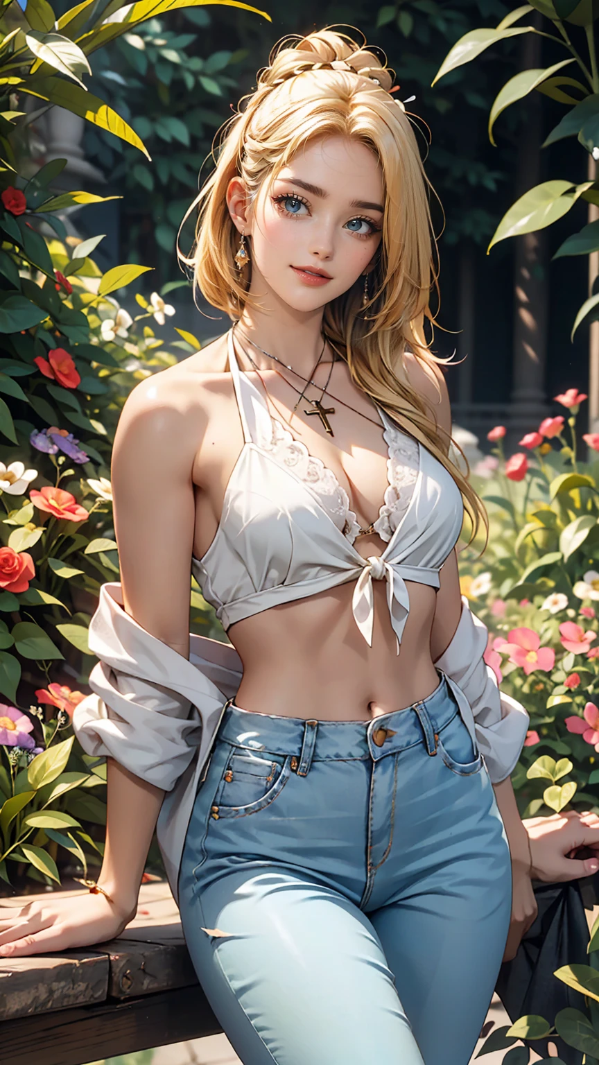 A 22-year-old extremely beautiful white woman、Supermodel proportions、Hair color blonde、blue eyeedium Hair、Straight Hair、Hair pulled up and tied back((hair pulled back))、Cross halter neck with lace embellishment【cross halter neck】Wear tops、Lower milk visible、Navel visible、Large chest、Narrow waist、Wear leggings、Wear high heels、In a garden full of flowers、smile