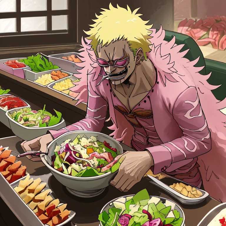 Doflamingo eats away at the salad bar at breakneck speed