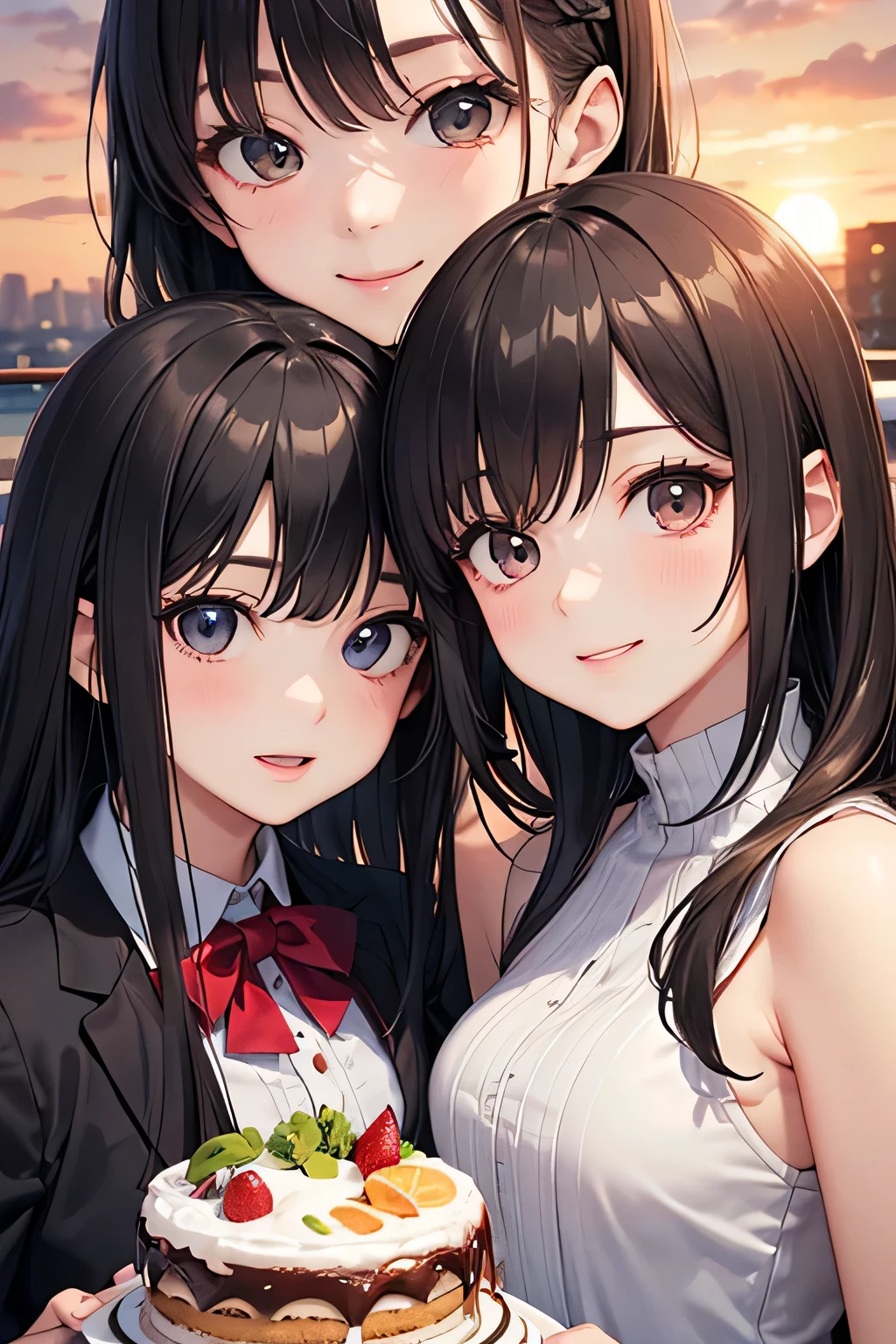 highest quality、High resolution、Detailed Background、(Beautiful face in every detail:1.4)、Anatomically correct、(Detailed facial expressions)、(Detailed eyes:1.2)、Beautiful girl in her 20s、(Highly detailed face:1.4)、cute hair color、Brown Hair、Black Hair、Bobcut、Braided long hair、Wavy Hairstyle、well-groomed eyebrows、cute eye makeup、Cute Lip Makeup、cute gesture、Elegant on board、Calm atmosphere、(Fit on one screen)、
(Three beautiful girls enjoying a girls' night out with big smiles on their faces on Elegant on board:1.5)、
(A group of friendly women gather together to take a photo in front of an elegant boat)、
They are photographed smiling, with their arms around each other and leaning against each other.、
She looks cute in gorgeous dresses and relaxed casual styles.、
They were having a lively conversation and occasionally flashing happy smiles.、
The table is decorated with stylish desserts, fruits, and gorgeous accessories.、
Gather on the deck and chat while watching the sunset.、
Enjoy lively conversation with smiles on your face against the backdrop of a dramatic sunset、
A heartwarming scene of friends deepening their friendship through alcohol、cute