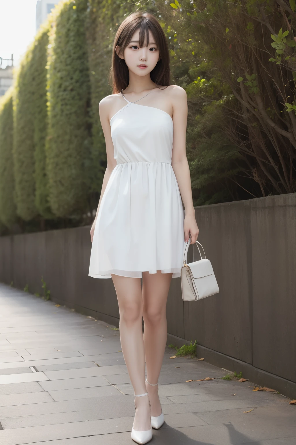 1girl,highres, high quality, masterpiece, bare shoulder, white dress, breakwater, dyke, slit