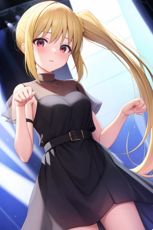 (masterpiece, highest quality:1.2), Blonde girl with red eyes,
 Side Ponytail, Full Bang, 	casual dress,paw pose
,Looks confused, on stage, 
Super detaileded, highest quality, Expressive eyes, Perfect Face, super high quality, Super detailed