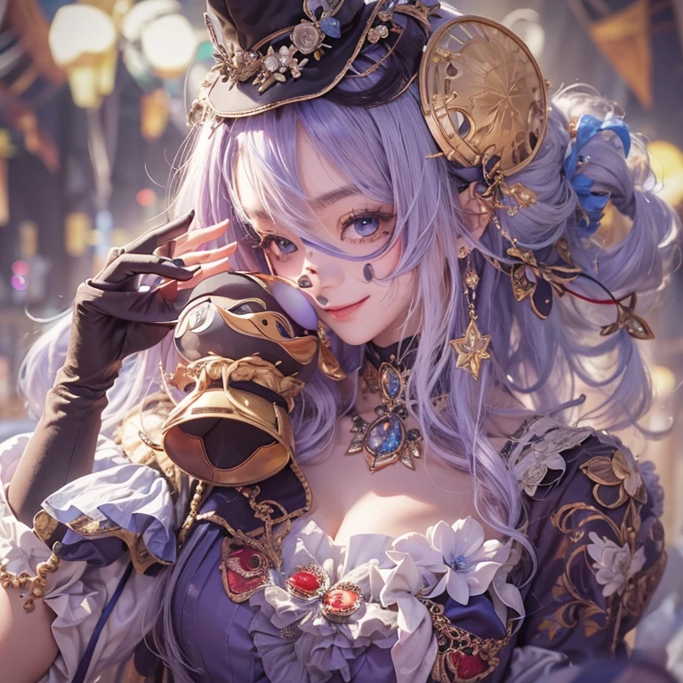 Hiding in the castle、Hair flow、 ((highest quality、masterpiece、8k、Best image quality、Ultra-high resolution、Award-winning works)、(Accurate anatomy:1.1)、(Look at me and smile:1.1)、Shining fair skin with Ultra-high resolution、The most detailed face、Ultra-high resolution detailed face、Ultra-high resolutionの髪の毛、(Ultra-high resolutionの煌めく瞳:1.1)、Beautiful face drawn in every detail、(Blurred Background:1.1)、Cheerful clown costume, Chest to chest, tattoo,、Clown Makeup、Holding a masquerade mask
