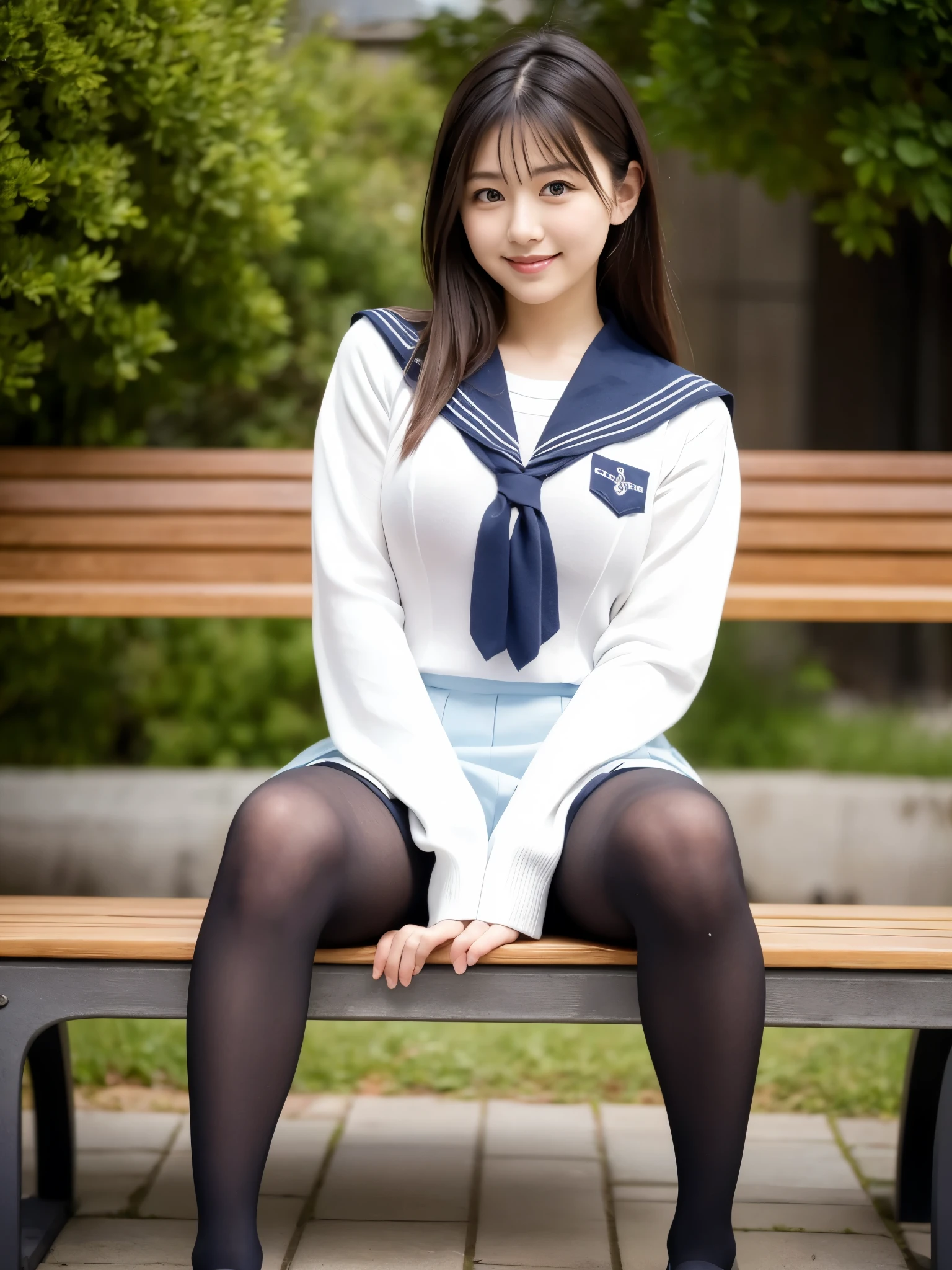 (((masterpiece))), (((highest quality: 1.4))), ((Super detailed: 1.4)) ,(Mastepiece), (Genuine:1.4), (Full Body Shot:1.3), One woman、(Sitting cross-legged on a bench:1.5), 日本のSailor suitを着た女の子, a 超現実的なSailor suit女子高生, Cute High School Girl Uniform, realistic Young Gravure Idol, Surreal school girl, Beautiful face with arms and legs, Strike a Pose, A young and cute gravure idol, Ultra-realistic pantyhose、Japanese girls uniform, Sailor suit、Acquire Japanese language skills , kotegawa yui, Young Gravure Idol、 (Random Porn Pose), Natural Skin Shader, Volumetric, Warm shades beneath her skin, serafuku