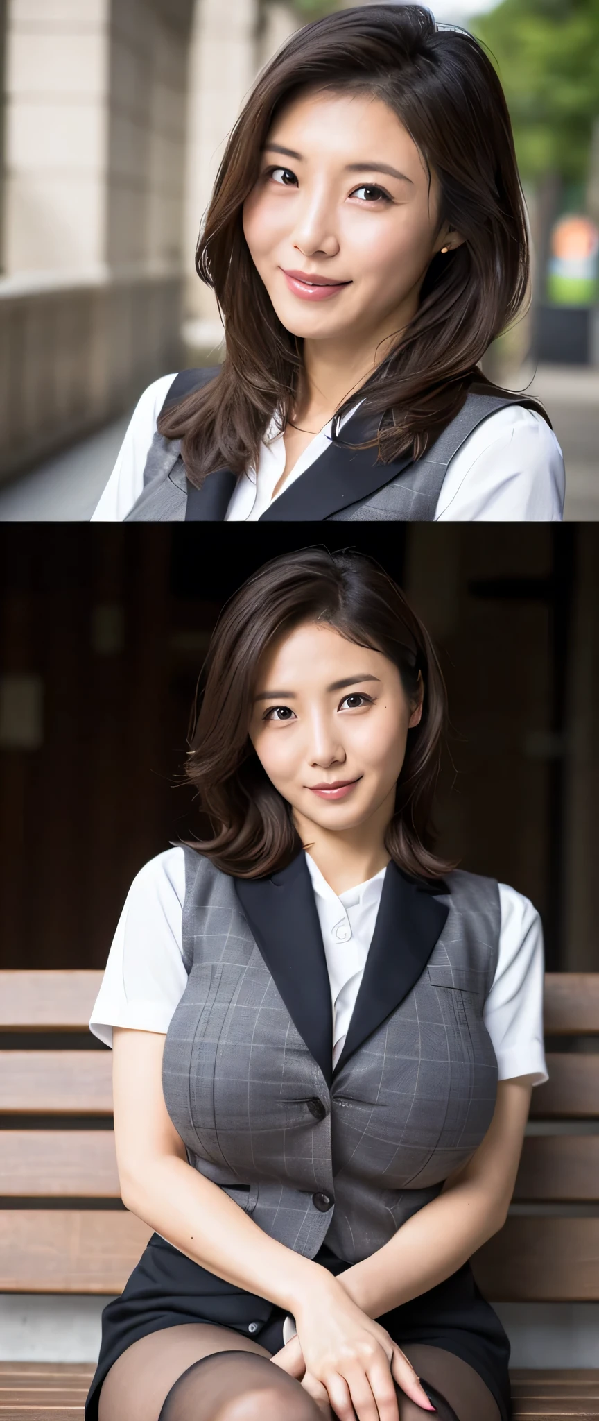 run-6500-v1.1, (RAW Photos:1.2), (Realistic), (Genuine:1.4), 1girl、Perfect Anatomy、Age 35、Medium Long Hair、 (High heels)、(Business services)、 quiet, A calm woman wearing a checked vest., The most elegant long wavy hairstyles:1.65, Wear a tight skirt, A little thick、(Ultra-realistic pantyhose:1.2), Yoshitomo Nara, , Japanese Goddess, Erotic Sexy Girl, Otaku appearance, Otaku, An intense and erotic gaze, (A very loving smile:1.2)、 ((Full Body Shot:1.16))、Erotically seducing someone by sitting on a park bench、Ultra-realistic skin texture、Shiny skin、(((Very large breasts bigger than her face:1.55)))、Exposed thighs!!!