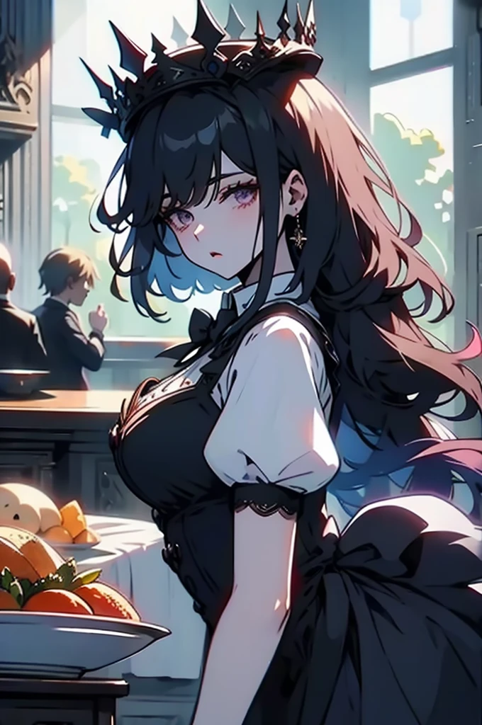 The place is a cafeteria, 1 chica, camarera llevando un pastel a la mesa, coletas gemelas pelirrojas, cara gentil, half gothic lolita costume and maid costume