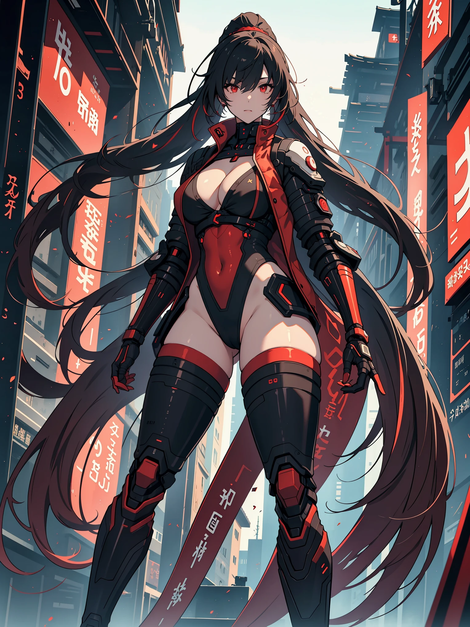 (best quality, masterpiece, anime) (solo) black hair, very long flowing hair, red eyes, thick thighs, huge breasts, muscular, athletic, full android body, (android mechanical arms:1.3), (android mechanical legs:1.2), (high-leg leotard:2.5, high-cut leg:2.7, one-piece:1.5, red:1.2, black:1.4, cleavage), (jacket, no sleeves, black:1.3, red:1.2), (pantyhose:1.2), gauntlet, toned body, 1 woman (age 30), sword hand, beautiful, sexy, lucia, Lucia_Crimson_Weave, Samurai, Cybernetic,