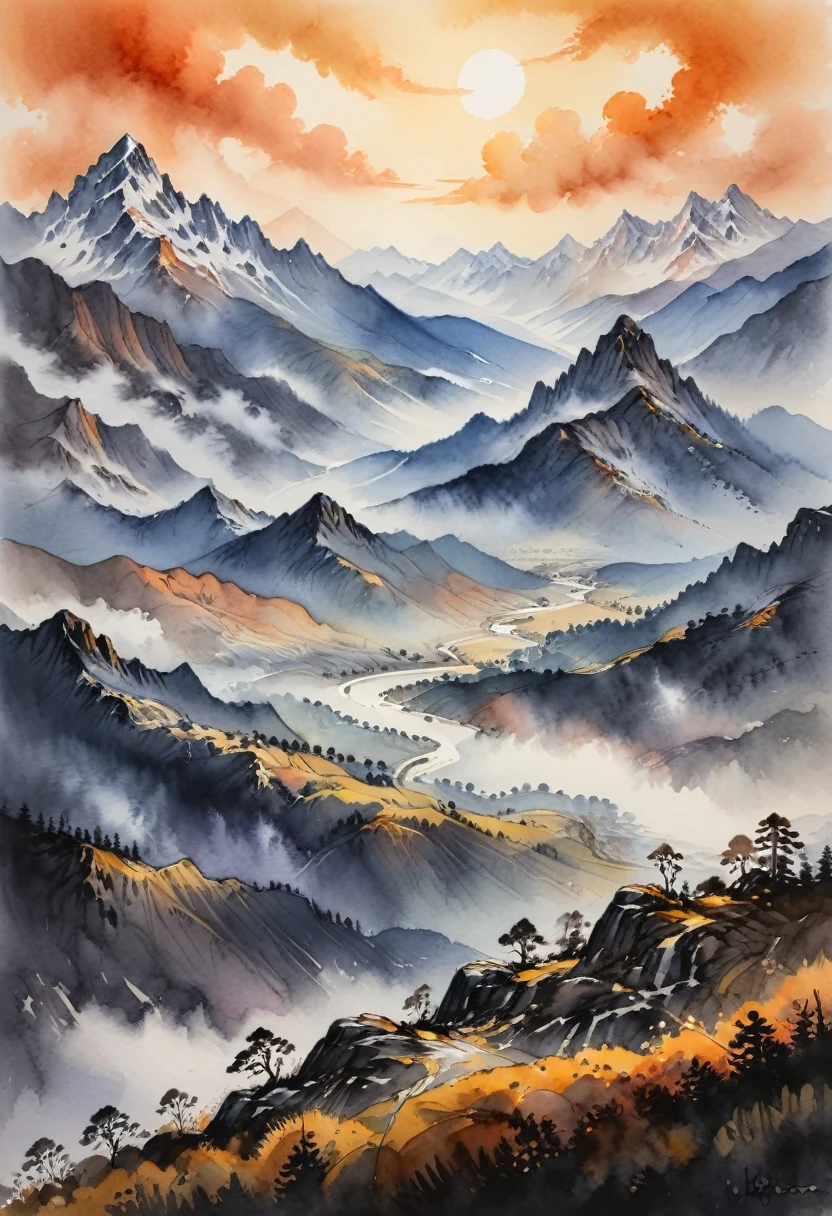 Watercolor Landscape, Ink painting style, ink art, A misty mountain landscape, warm, glowing colors, sense of depth and mystery, set against a backdrop of a (mountain range), soft and ethereal mist enshrouding the peaks, photorealistic, sharp focus, cinematic, dramatic sky, sense of tranquility, (masterpiece, best quality, Professional, perfect composition, very aesthetic, absurdres, ultra-detailed, intricate details:1.3)