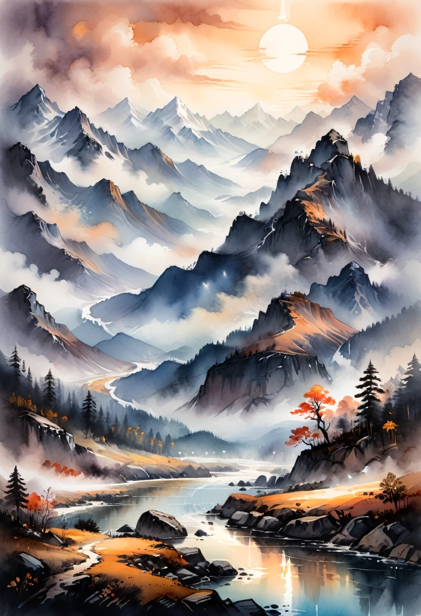 Watercolor Landscape, Ink painting style, ink art, A misty mountain landscape, warm, glowing colors, sense of depth and mystery, set against a backdrop of a (mountain range), soft and ethereal mist enshrouding the peaks, photorealistic, sharp focus, cinematic, dramatic sky, sense of tranquility, (masterpiece, best quality, Professional, perfect composition, very aesthetic, absurdres, ultra-detailed, intricate details:1.3)