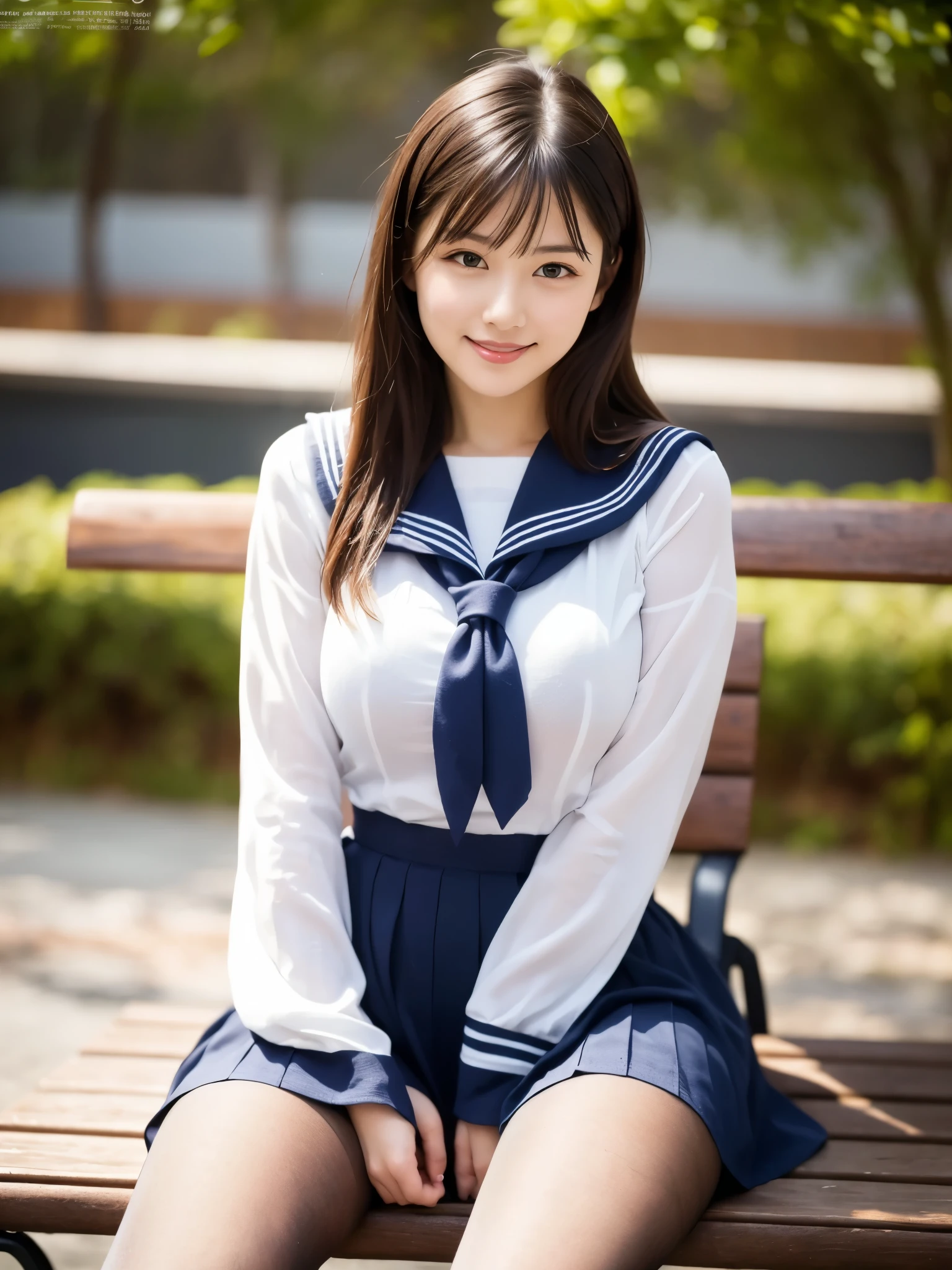 (((masterpiece))), (((highest quality: 1.4))), ((Super detailed: 1.4)) ,(Mastepiece), (Genuine:1.4), (Full Body Shot:1.3), One woman、(Sitting cross-legged on a bench:1.5), 日本のSailor suitを着た女の子, a 超現実的なSailor suit女子高生, Cute High School Girl Uniform, realistic Young Gravure Idol, Surreal school girl, Beautiful face with arms and legs, Strike a Pose, A young and cute gravure idol, Ultra-realistic pantyhose、Japanese girls uniform, Sailor suit、Acquire Japanese language skills , kotegawa yui, Young Gravure Idol、 (Random Porn Pose), Natural Skin Shader, Volumetric, Warm shades beneath her skin, serafuku