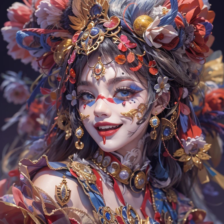 Hiding at the masquerade、Hair flow、 ((highest quality、masterpiece、8k、Best image quality、Ultra-high resolution、Award-winning works)、(Accurate anatomy:1.1)、(Look at me and smile:1.1)、Shining fair skin with Ultra-high resolution、The most detailed face、Ultra-high resolution detailed face、Ultra-high resolutionの髪の毛、(Ultra-high resolutionの煌めく瞳:1.1)、Beautiful face drawn in every detail、Cheerful clown costume, Chest to chest, tattoo,、Venice　Wear a mask, Realistic Photographic Images 