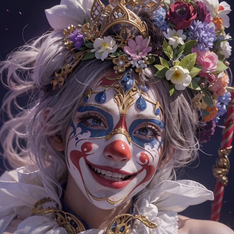 Hiding at the masquerade、Hair flow、 ((highest quality、masterpiece、8k、Best image quality、Ultra-high resolution、Award-winning works)、(Accurate anatomy:1.1)、(Look at me and smile:1.1)、Shining fair skin with Ultra-high resolution、The most detailed face、Ultra-high resolution detailed face、Ultra-high resolutionの髪の毛、(Ultra-high resolutionの煌めく瞳:1.1)、Beautiful face drawn in every detail、Cheerful clown costume, Chest to chest, tattoo,、Venice Wear a mask, Realistic Photographic Images