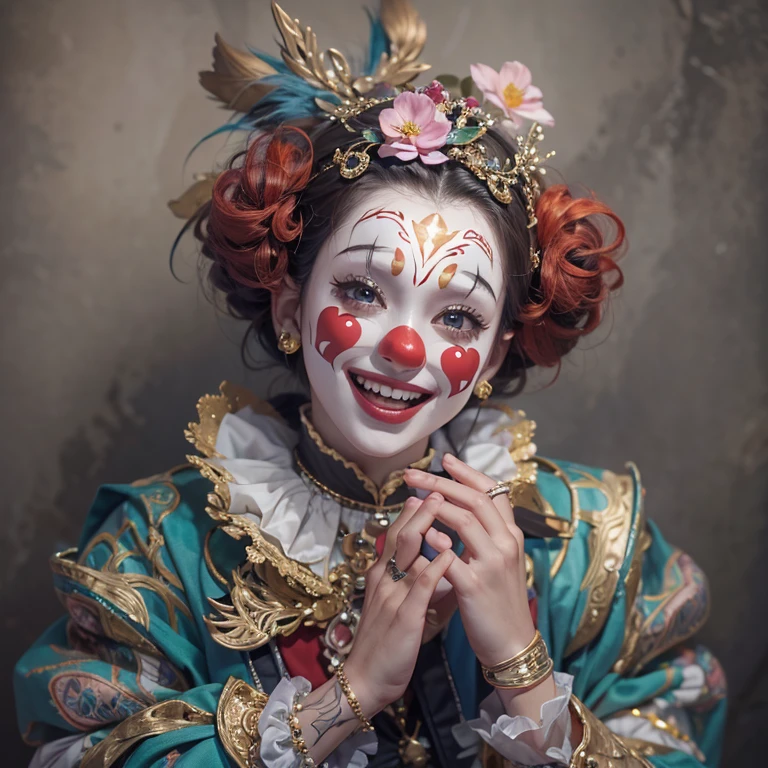 Hiding at the masquerade、Hair flow、 ((highest quality、masterpiece、8k、Best image quality、Ultra-high resolution、Award-winning works)、(Accurate anatomy:1.1)、(Look at me and smile:1.1)、Shining fair skin with Ultra-high resolution、The most detailed face、Ultra-high resolution detailed face、Ultra-high resolutionの髪の毛、(Ultra-high resolutionの煌めく瞳:1.1)、Beautiful face drawn in every detail、Cheerful clown costume, Chest to chest, tattoo,、Venice Wear a mask, Realistic Photographic Images