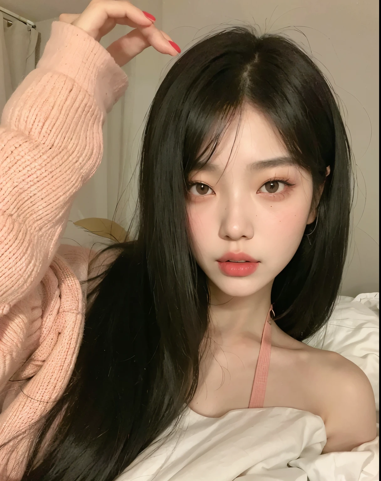 Asian woman with long black hair and pink sweater, Best Face, Brutal Korean Goth Girl, Korean woman, red eyes and thin face, pale, round face, Korean facial features, beautiful aesthetic face, Young and lovely Korean face, Asian features, with a round face, 🤤 portrait , Cute and lovely Korean face, Popular Korean Makeup, Beautiful Korean Woman