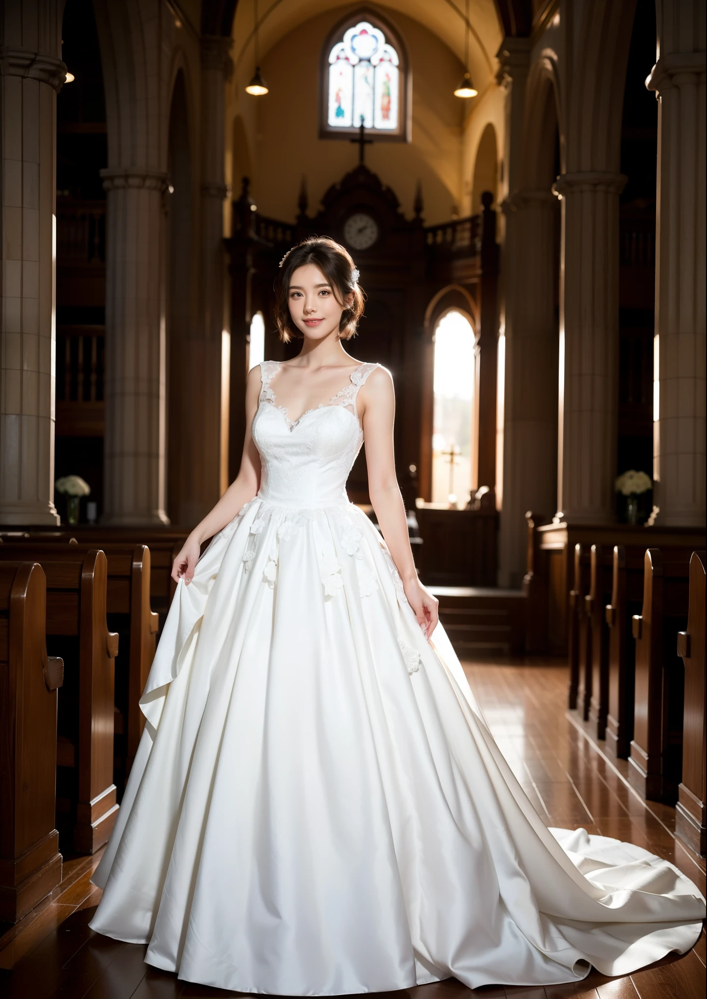 Beautiful 25 year old  woman。She is wearing a wedding dress and white globes. She is smiling on illuminated by the evening church lights on the romantic sunset time.  her dark brown short length hair. High resolution、masterpiece、highest quality、頭w:1.0、((Hasselblad Photos))、fine skin、(movie lighting)、clavicle . full body picture.
