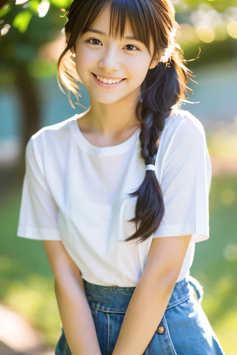 Lens 135mm f1.8, (highest quality),(RAW photo), (arms at sides:1.1), (Beautiful 15 year old Japanese girl), cute face, (deeply carved face:0.7), (freckles:0.6), dappled sunlight, , (japanese school uniform:0.1), white open Tshirt, (inside the school), shy, short twintails, the waist up shots , (smile),, (sparkling eyes)、,photo from the waist up,