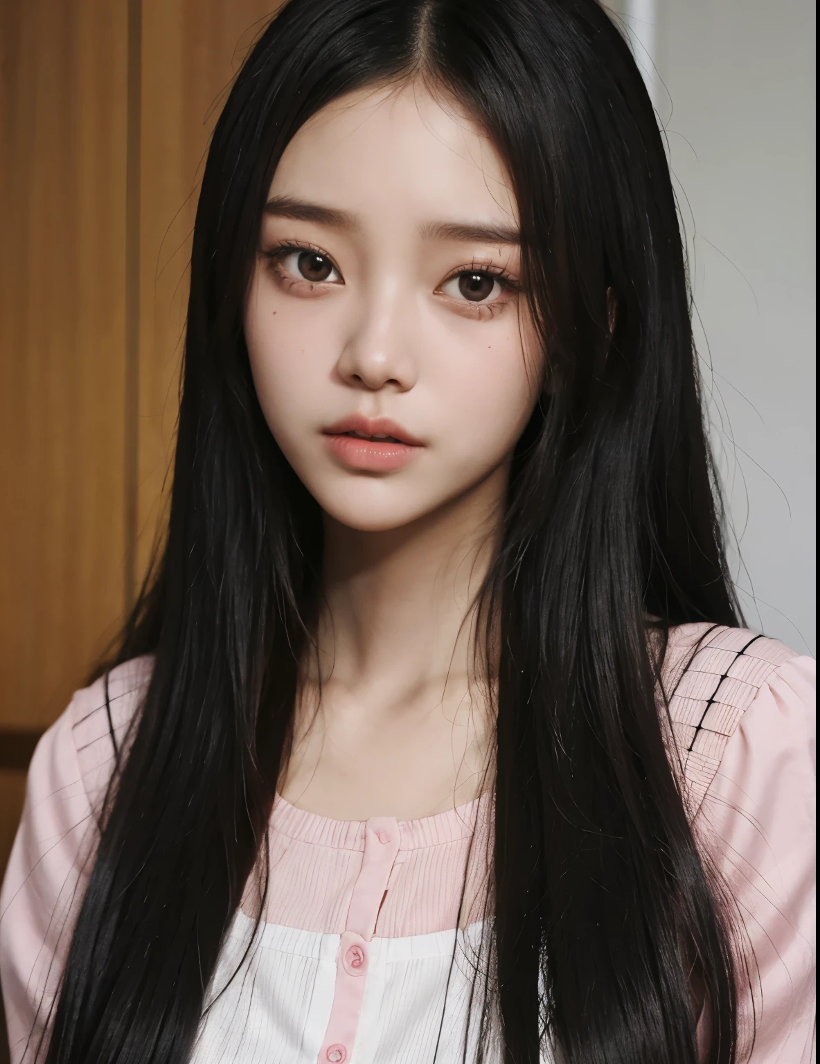 Closeup of woman with long hair wearing pink shirt, Brutal Korean Goth Girl, Best Face, With long hair and sharp eyes, blackpink jennie, Korean woman, Your face is like an orchid, Josh de Blackpink, popular makeup in korea, Southeast Asian with a round face, Young and lovely Korean face, Wow lovely Korean face, Jinyoung Shin