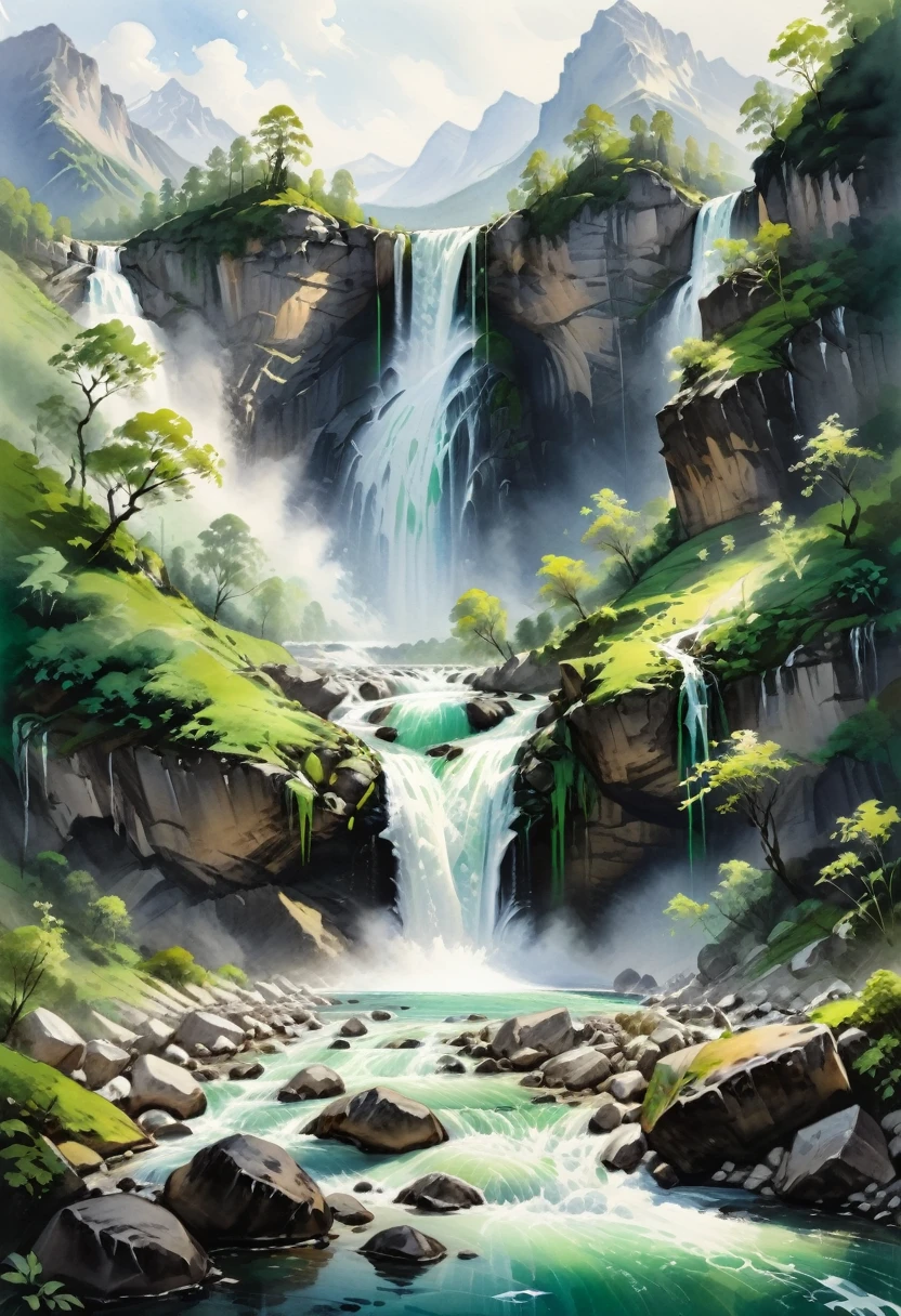 Watercolor Landscape, Waterfall from the void, leap unceasingly into the stream. pure white streamer split the green of the mountains, (masterpiece, best quality, Professional, perfect composition, very aesthetic, absurdres, ultra-detailed, intricate details:1.3)