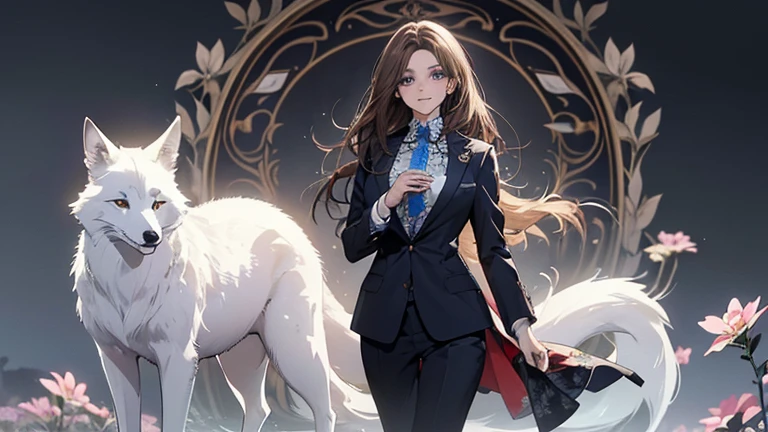 (highest quality,High resolution,Very detailed),1 girl, Beautiful and exquisite light blue eyes, Brown Hair, Cold Smile,Grudge,Indignant,Blue floral ornamentwo
後ろで結んだストレートロングヘア, Wearing a black suit, Mature Woman, Age 25,Cruel smile, Calm and Calm, Slim figure, Pale complexion, thin, Calm, secretary,He has a big white fox with him..,Carrying a big white fox,Blue floral ornament
