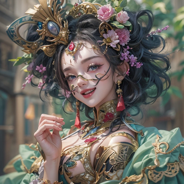 Hiding in the castle、Hair flow、 ((highest quality、masterpiece、8k、Best image quality、Ultra-high resolution、Award-winning works)、(Accurate anatomy:1.1)、(Look at me and smile:1.1)、Shining fair skin with Ultra-high resolution、The most detailed face、Ultra-high resolution detailed face、Ultra-high resolutionの髪の毛、(Ultra-high resolutionの煌めく瞳:1.1)、Beautiful face drawn in every detail、(Blurred Background:1.1)、Cheerful clown costume, Chest to chest, tattoo,、Wear a Venetian mask、Holding a masquerade mask