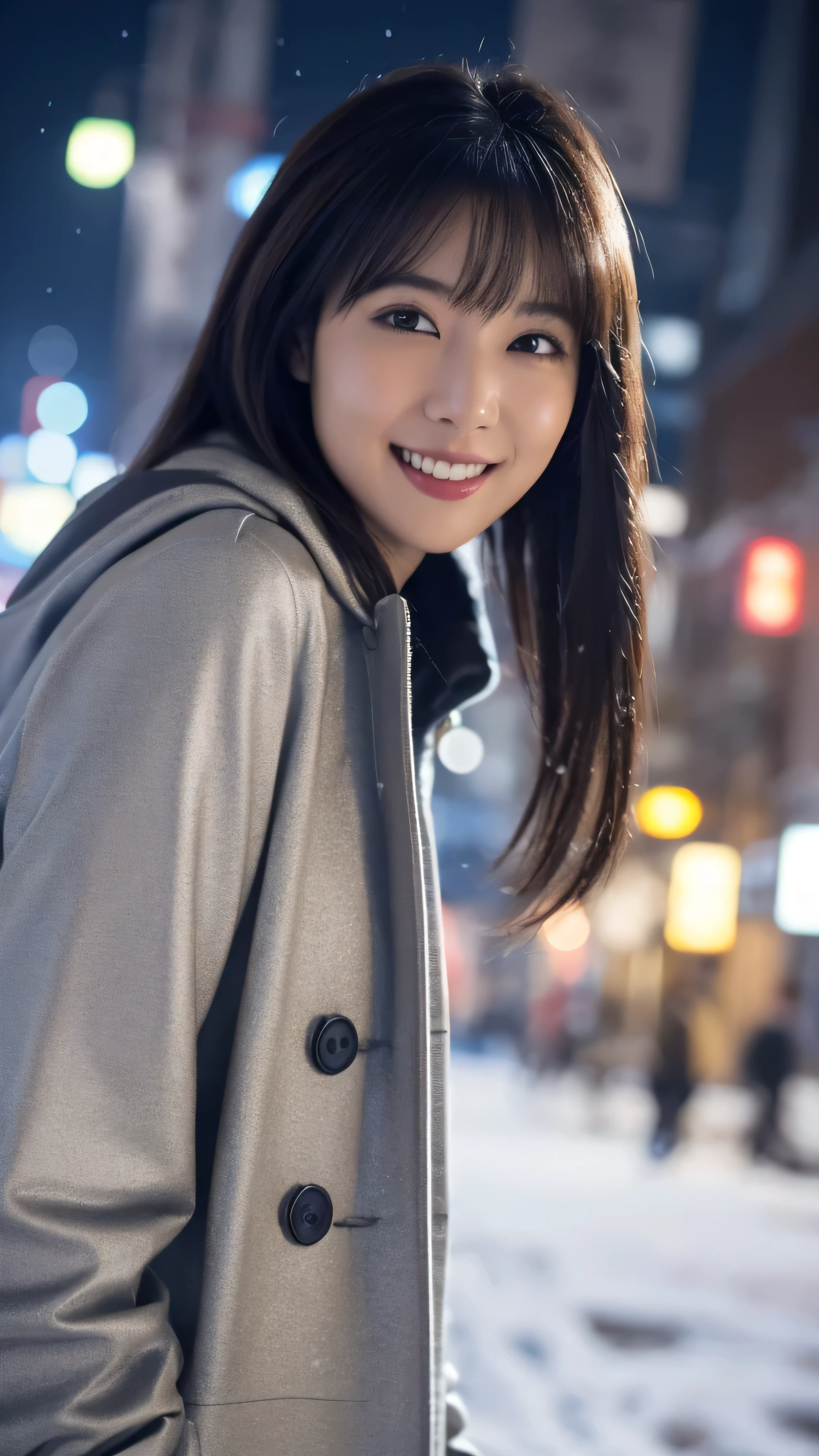 One Girl, (Wear a platinum coat:1.2), (RAW Photos, highest quality), (Realistic, Photorealistic:1.4), Tabletop, Very delicate and beautiful, Very detailed, 2k wallpaper, wonderful, In detail, Very detailed CG Unity 8k wallpaper, Very detailedな, High resolution, Soft Light, Beautiful detailed girl, Very detailedな目と顔, Beautifully detailed nose, Beautiful fine details, Cinema Lighting, Illuminations that light up the city on a snowy night, Snow Scene, It's snowing, Snow in the hair, Perfect Anatomy, Slender body, Was nervous,
Straight semi-long hair, bangs, View your viewers, smile