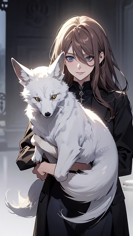 (highest quality,High resolution,Very detailed),1 girl, Beautiful and exquisite light blue eyes, Brown Hair, Cold Smile,Grudge,Indignant,Blue floral ornamentwo
後ろで結んだストレートロングヘア, Wearing a black suit, Mature Woman, Age 25,Cruel smile, Calm and Calm, Slim figure, Pale complexion, thin, Calm, secretary,He has a big white fox with him..,Carrying a big white fox,Blue floral ornament
