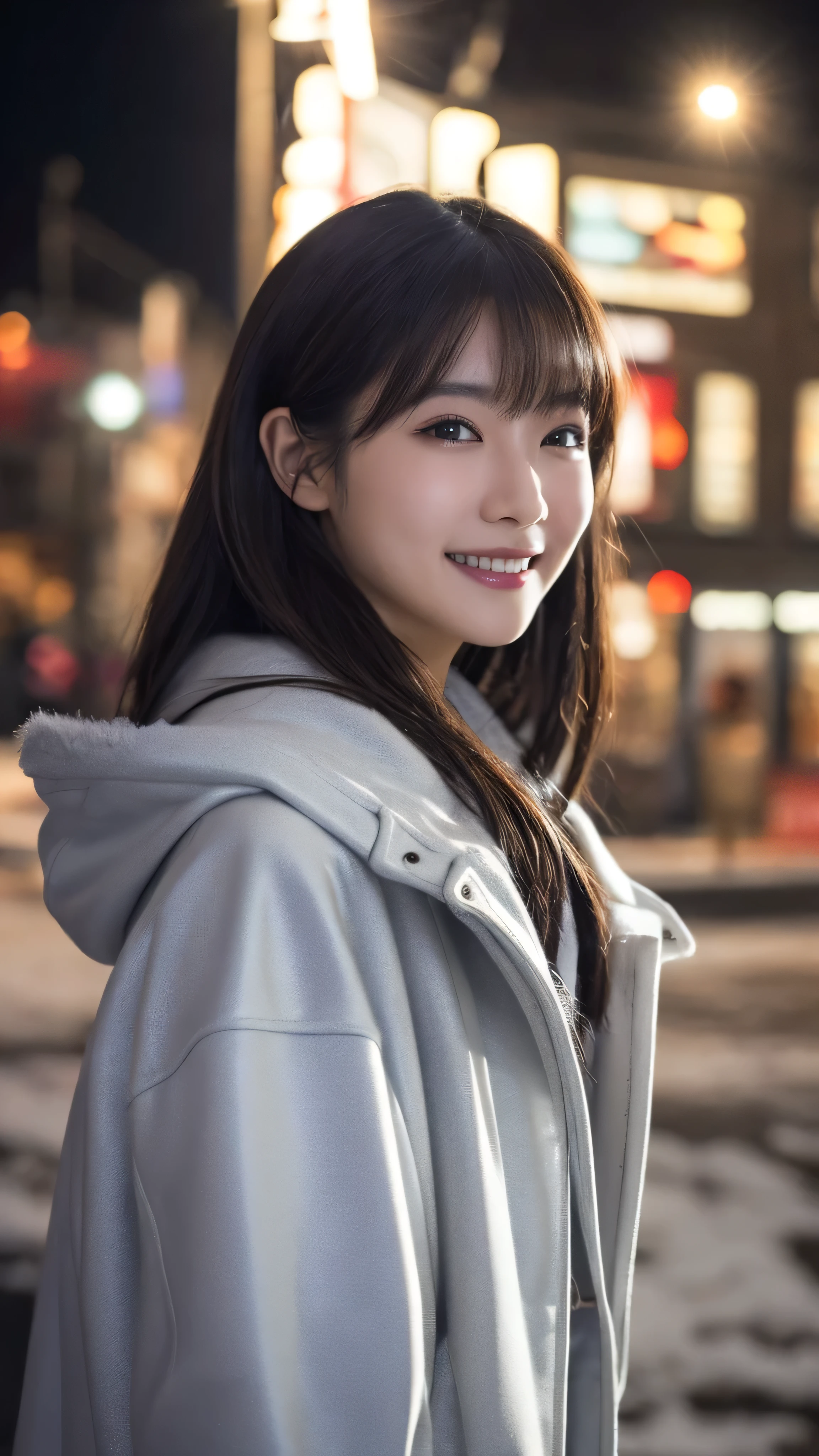 One Girl, (Wear a platinum coat:1.2), (RAW Photos, highest quality), (Realistic, Photorealistic:1.4), Tabletop, Very delicate and beautiful, Very detailed, 2k wallpaper, wonderful, In detail, Very detailed CG Unity 8k wallpaper, Very detailedな, High resolution, Soft Light, Beautiful detailed girl, Very detailedな目と顔, Beautifully detailed nose, Beautiful fine details, Cinema Lighting, Illuminations that light up the city on a snowy night, Snow Scene, It&#39;s snowing, Snow in the hair, Perfect Anatomy, Slender body, Was nervous, 
Straight semi-long hair, bangs, View your viewers, smile