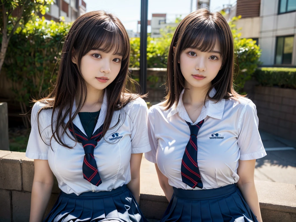 (RAW photo, 4k, masterpiece, high resolution, extremely complex) (realistic: 1.4), cinematic lighting
 ((2 girls, 2 schoolgirls)),Slam Dunk's,blushing,((innocent)),bright eyes,round eyes,blunt bangs,short bob hair, black hair color,black hair,large breasts,wide hips,Summer Noon, ,Hot, (Best Quality), (Highres), (an Extremely Delicate and Beautiful),(Beautiful 8k face),(Brown eyes),( spectators),(gigantic breasts),(Play with each other,Touching each other's bodies,Touching the body),(Japanese high school uniform:1.3),blue skirt,(reality),bright lighting,(The background is a luxury hotel room)
