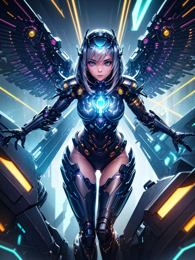 1girl, intricate mechanical wings, futuristic cyborg, glowing neon circuits, intricate metallic details, gleaming chrome, dramatic pose, digital art, cinematic lighting, vibrant colors, hyperrealistic, photorealistic, 8k, highly detailed, masterpiece