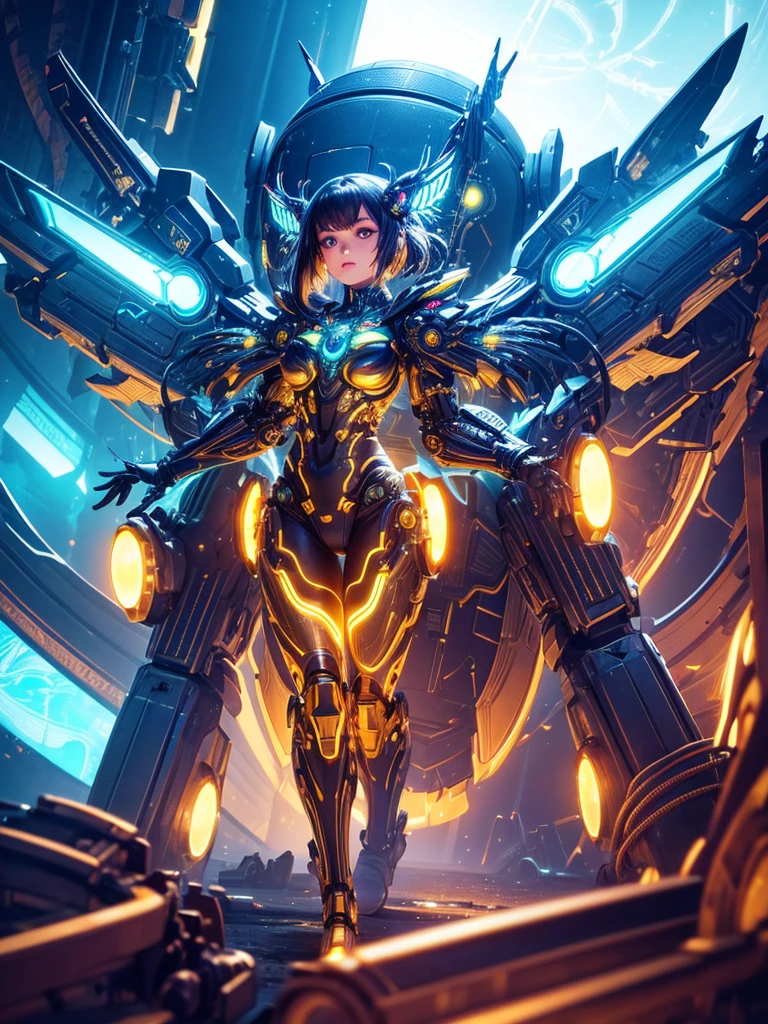 1girl, intricate mechanical wings, futuristic cyborg, glowing neon circuits, intricate metallic details, gleaming chrome, dramatic pose, digital art, cinematic lighting, vibrant colors, hyperrealistic, photorealistic, 8k, highly detailed, masterpiece