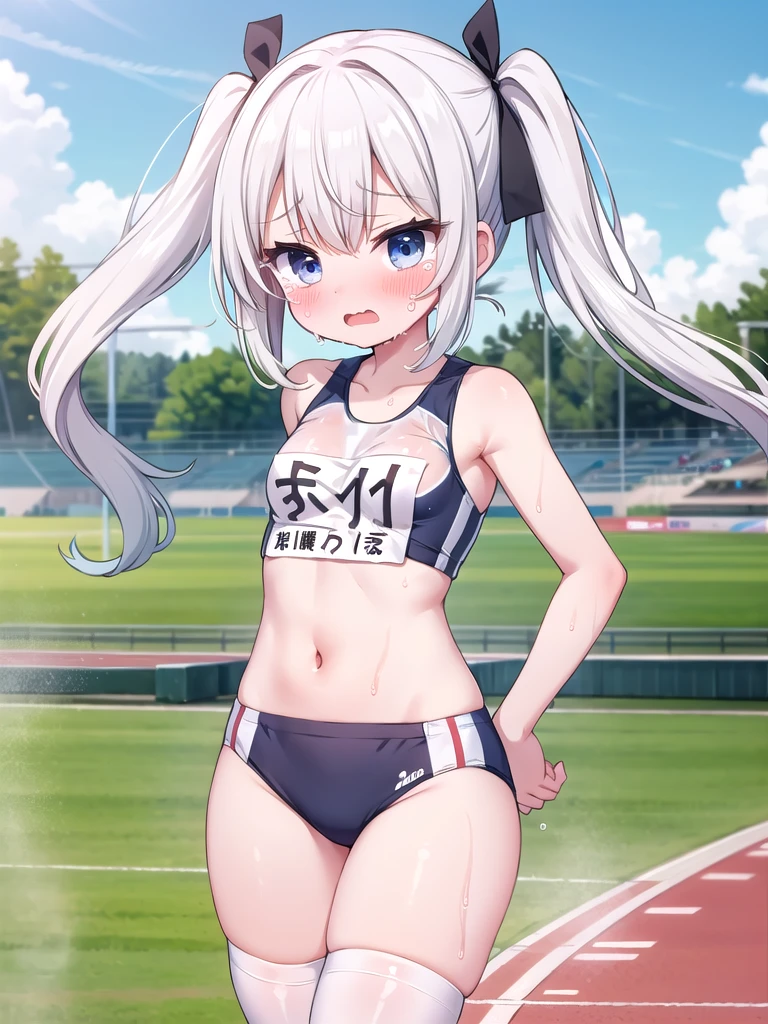 1girl, best quality, perfect hands, very long hair, white hair, white thighhighs, navel, bare arms, twintails, independent track and field uniform, track and field uniform, black ribbon, profuse sweating, wet, wet clothes, wet body, crying, tears, streaming tears
