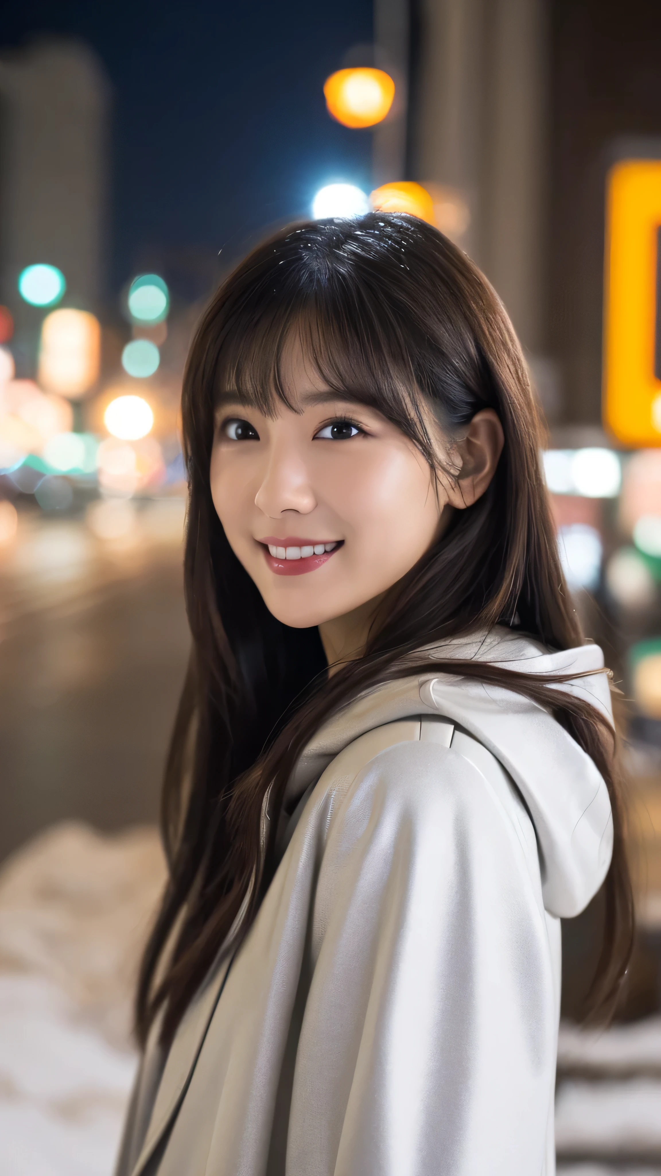 One Girl, (Wear a platinum coat:1.2), (RAW Photos, highest quality), (Realistic, Photorealistic:1.4), Tabletop, Very delicate and beautiful, Very detailed, 2k wallpaper, wonderful, In detail, Very detailed CG Unity 8k wallpaper, Very detailedな, High resolution, Soft Light, Beautiful detailed girl, Very detailedな目と顔, Beautifully detailed nose, Beautiful fine details, Cinema Lighting, Illuminations that light up the city on a snowy night, Snow Scene, It's snowing, Snow in the hair, Perfect Anatomy, Slender body, Was nervous,
Straight semi-long hair, bangs, View your viewers, smile