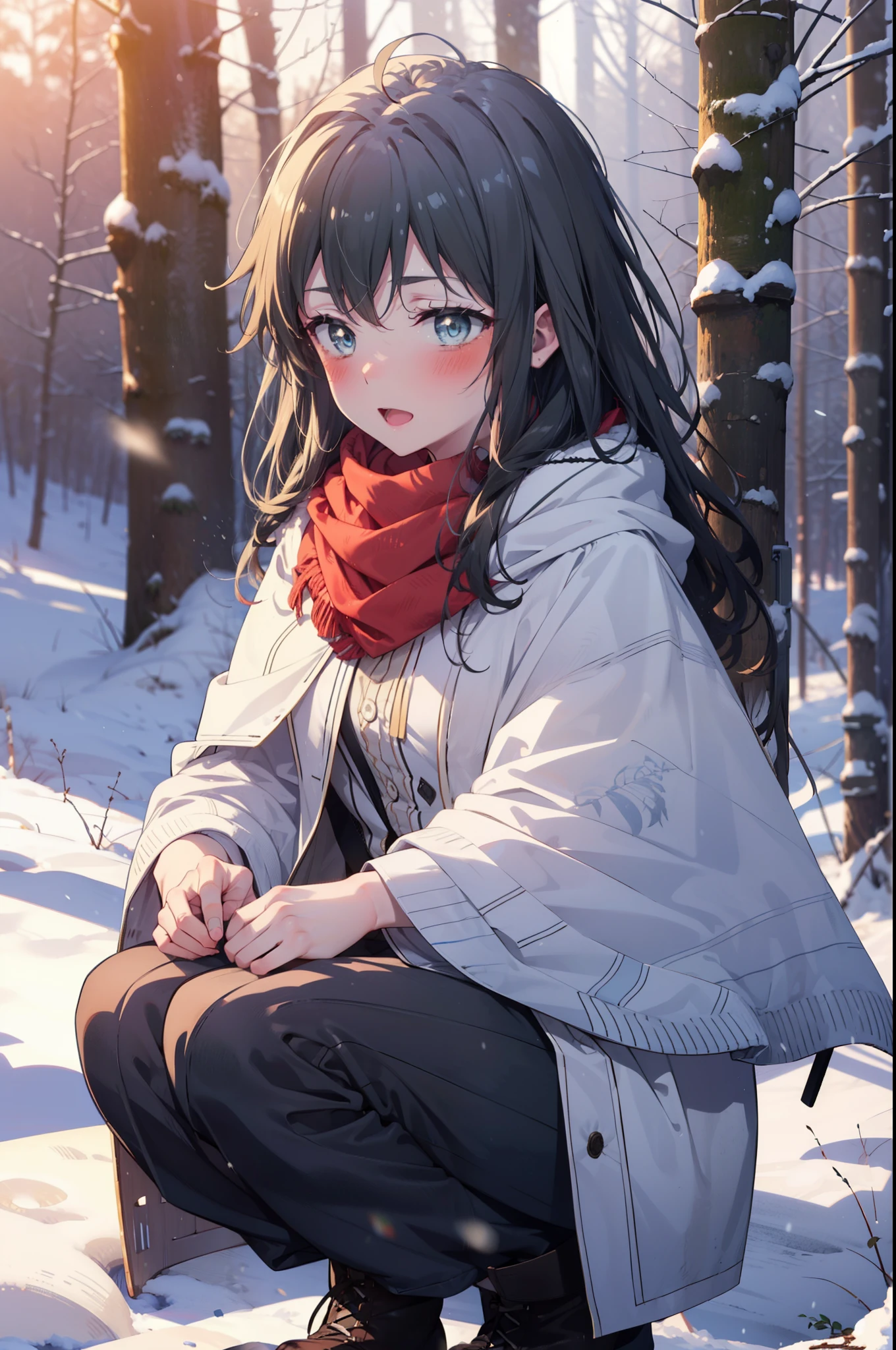 yukinoyukinoshita, yukino yukinoshita, Black Hair, blue eyes, Long Hair, Ahoge,smile,blush,White Breath,
Open your mouth,snow,Ground bonfire, Outdoor, boots, snowing, From the side, wood, suitcase, Cape, Blurred, Increase your meals, forest, White handbag, nature,  Squat, Mouth closed, フードed Cape, winter, Written boundary depth, Black shoes, red Cape break looking at viewer, Upper Body, whole body, break Outdoor, forest, nature, break (masterpiece:1.2), highest quality, High resolution, unity 8k wallpaper, (shape:0.8), (Beautiful and beautiful eyes:1.6), Highly detailed face, Perfect lighting, Highly detailed CG, (Perfect hands, Perfect Anatomy),