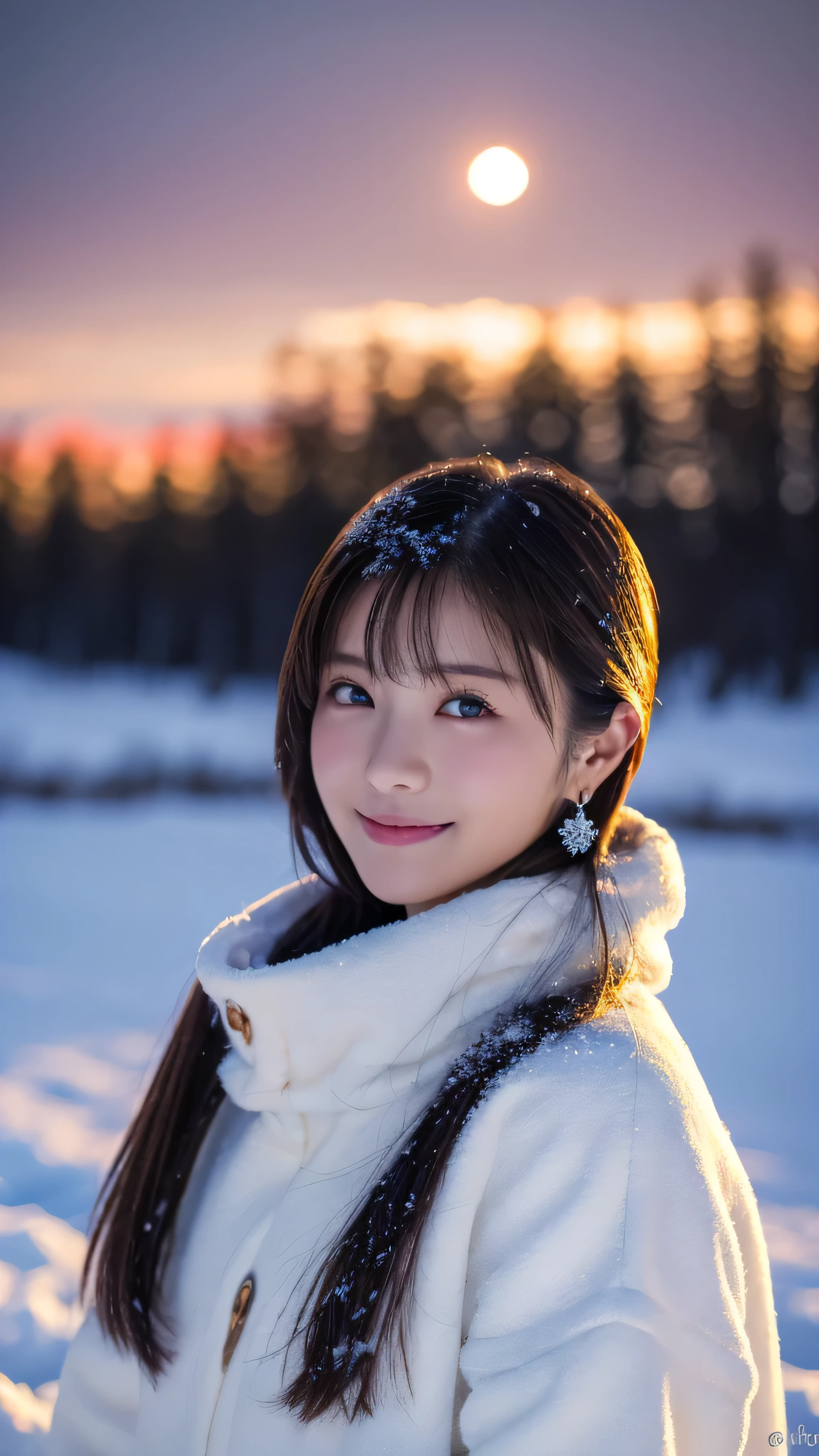 One Girl, (Winter clothes:1.2), Beautiful Japanese actresses,
Photogenic, Snow Princess, Long eyelashes, Snowflake Earrings,
(RAW Photos, highest quality), (Realistic, Photorealistic:1.4), (Tabletop),
Beautiful fine details, Beautiful lip detail, Highly detailed eyes and face,
break
(Frozen snow fields in winter in Lapland), (Sun setting on the horizon),
sparkling snowflakes, Heavenly Beauty, swirling snowflakes, Snow covered trees々, Powder Snow, Snow Capped Mountain,
A silvery world dyed in the setting sun,
(Snowflakes sparkling in the sky:1.4),
Indigo and orange color scheme, Dramatic lighting, Great atmosphere,
break
Perfect Anatomy, Slender body, small, short hair, Parted bangs, Angel Smile,
Crystal skin, Clear Eyes, Catchlight