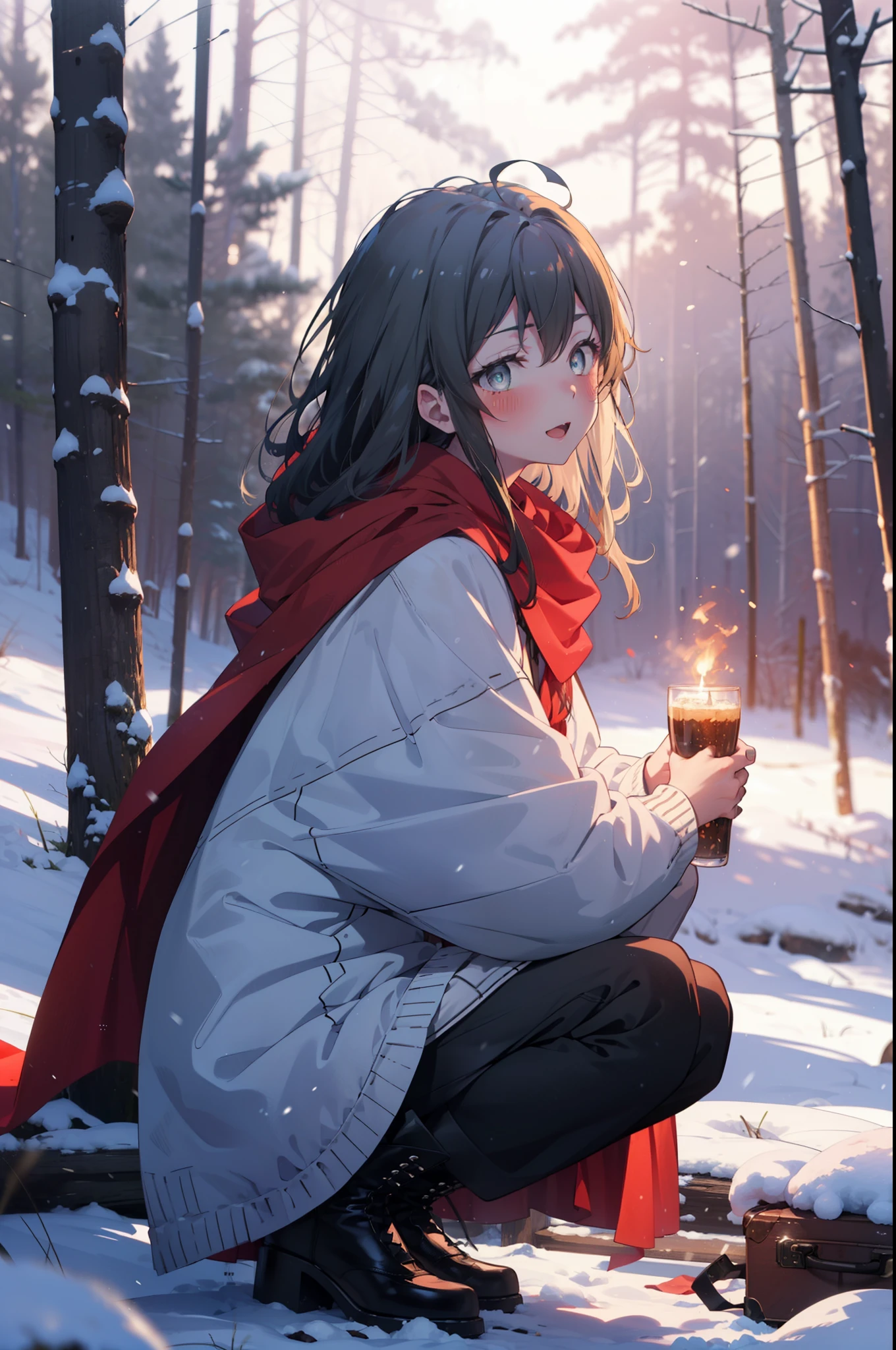 yukinoyukinoshita, yukino yukinoshita, Black Hair, blue eyes, Long Hair, Ahoge,smile,blush,White Breath,
Open your mouth,snow,Ground bonfire, Outdoor, boots, snowing, From the side, wood, suitcase, Cape, Blurred, Increase your meals, forest, White handbag, nature,  Squat, Mouth closed, フードed Cape, winter, Written boundary depth, Black shoes, red Cape break looking at viewer, Upper Body, whole body, break Outdoor, forest, nature, break (masterpiece:1.2), highest quality, High resolution, unity 8k wallpaper, (shape:0.8), (Beautiful and beautiful eyes:1.6), Highly detailed face, Perfect lighting, Highly detailed CG, (Perfect hands, Perfect Anatomy),