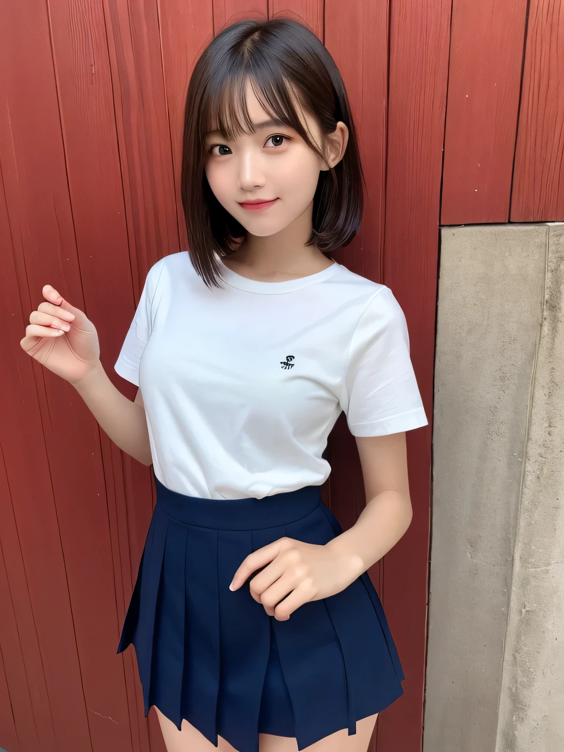 In detail,Full body photo、 One high school girl、High resolution, high quality、Slim body、Perfect dynamic composition, Beautiful fine details, Short Hair、Natural color lip,Kamimei、-yeld giClear Skin、Navy blue sailor suit with short sleeves、Green mini skirt、Thighs、Shiny Hair、最high quality, figure, Very detailed, In detail, High resolution, 8k、The correct state of the human body、Sculpture model pose，Red Wall,Looking at the viewer with his back turned、Sticking out her butt、Thighs are visible、smile、