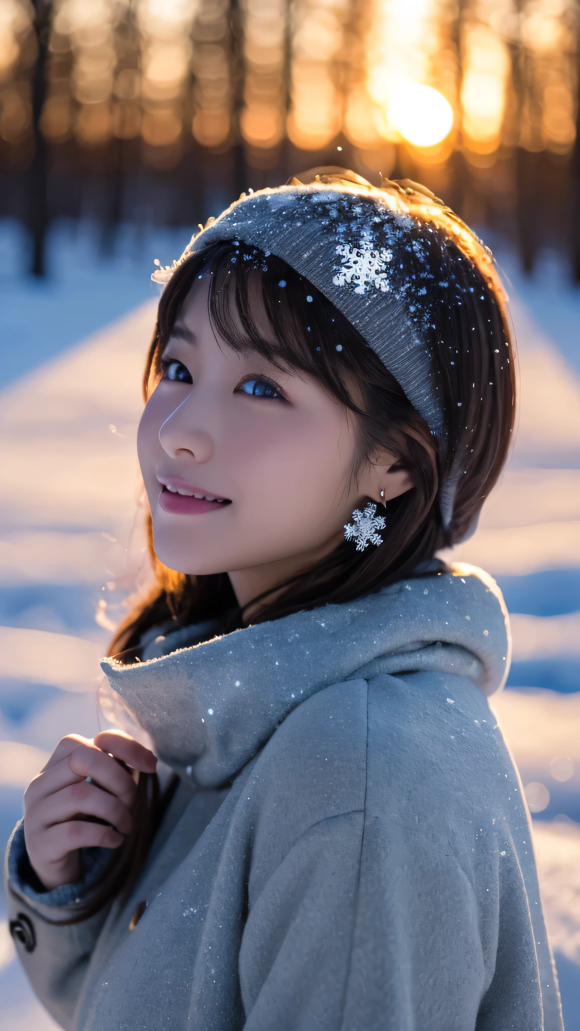 One Girl, (Winter clothes:1.2), Beautiful Japanese actresses, 
Photogenic, Snow Princess, Long eyelashes, Snowflake Earrings,
(RAW Photos, highest quality), (Realistic, Photorealistic:1.4), (Tabletop), 
Beautiful fine details, Beautiful lip detail, Highly detailed eyes and face, 
break
 (Frozen snow fields in winter in Lapland), (Sun setting on the horizon),
sparkling snowflakes, Heavenly Beauty, swirling snowflakes, Snow covered trees々, Powder Snow, Snow Capped Mountain, 
A silvery world dyed in the setting sun, 
(Snowflakes sparkling in the sky:1.4), 
Indigo and orange color scheme, Dramatic lighting, Great atmosphere, 
break 
Perfect Anatomy, Slender body, small, short hair, Parted bangs, Angel Smile, 
Crystal skin, Clear Eyes, Catchlight