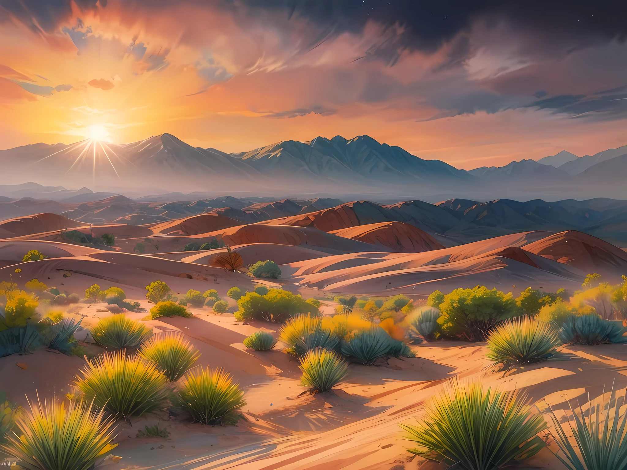 (water color art: 1.5), an award wining, water color art, of an oasis (masterpiece, best detailed, best quality: 1.4) in the desert at sunset, there are some palm trees, and a small spring of water  (masterpiece, best detailed, best quality: 1.4), it is the time between night and day, there are some stars in the sky, and the sun is about to rise, the sky are in shades of, night, yellow and purple, first sun rays of dawn, rolling desert hills in the background, dynamic range, ultra wide shot, photorealism, depth of field, hyper realistic