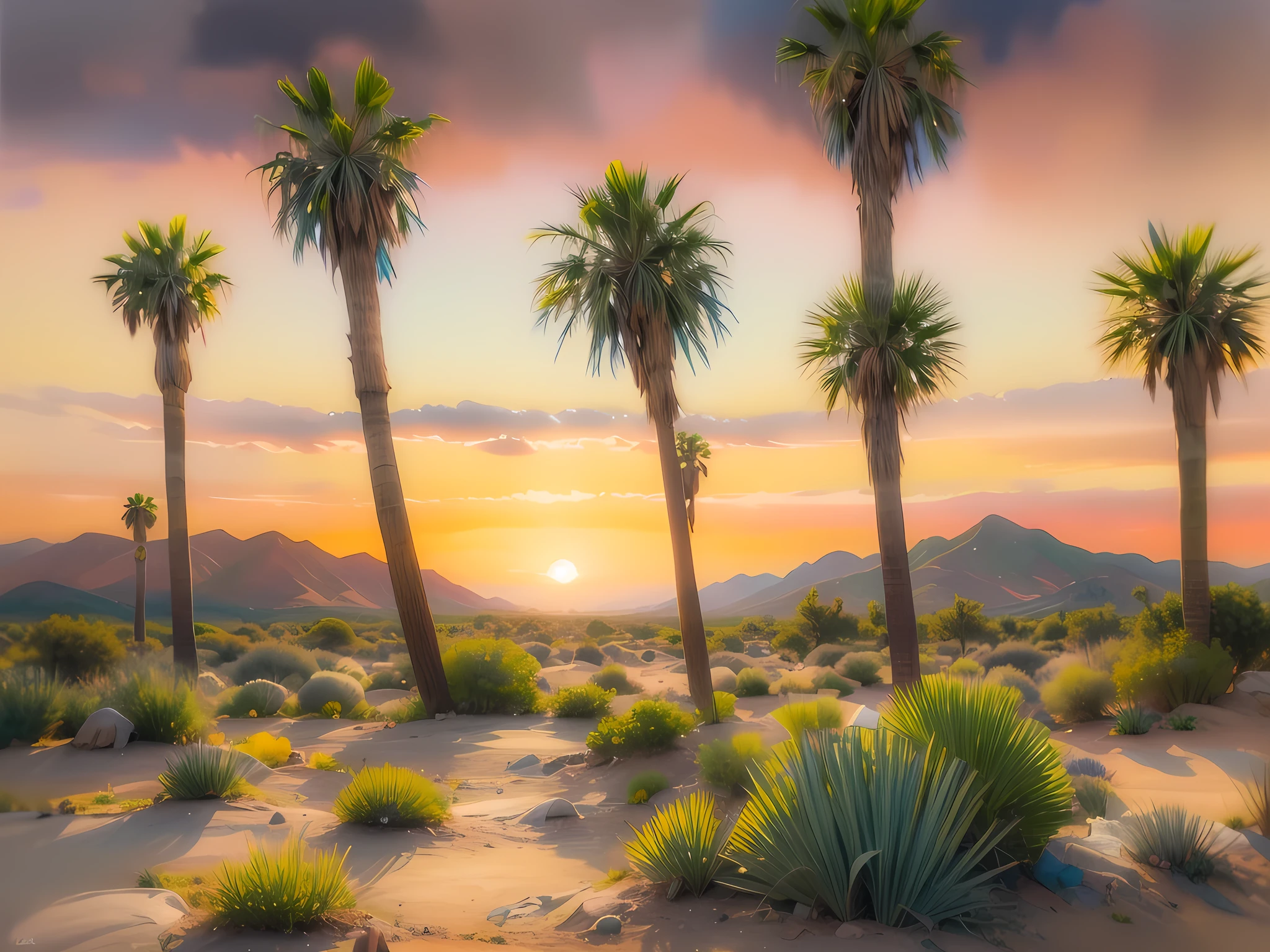 (water color art: 1.5), an award wining, water color art, of an oasis (masterpiece, best detailed, best quality: 1.4) in the desert at sunset, there are some palm trees, and a small spring of water  (masterpiece, best detailed, best quality: 1.4), it is the time between night and day, there are some stars in the sky, and the sun is about to rise, the sky are in shades of, night, yellow and purple, first sun rays of dawn, rolling desert hills in the background, dynamic range, ultra wide shot, photorealism, depth of field, hyper realistic