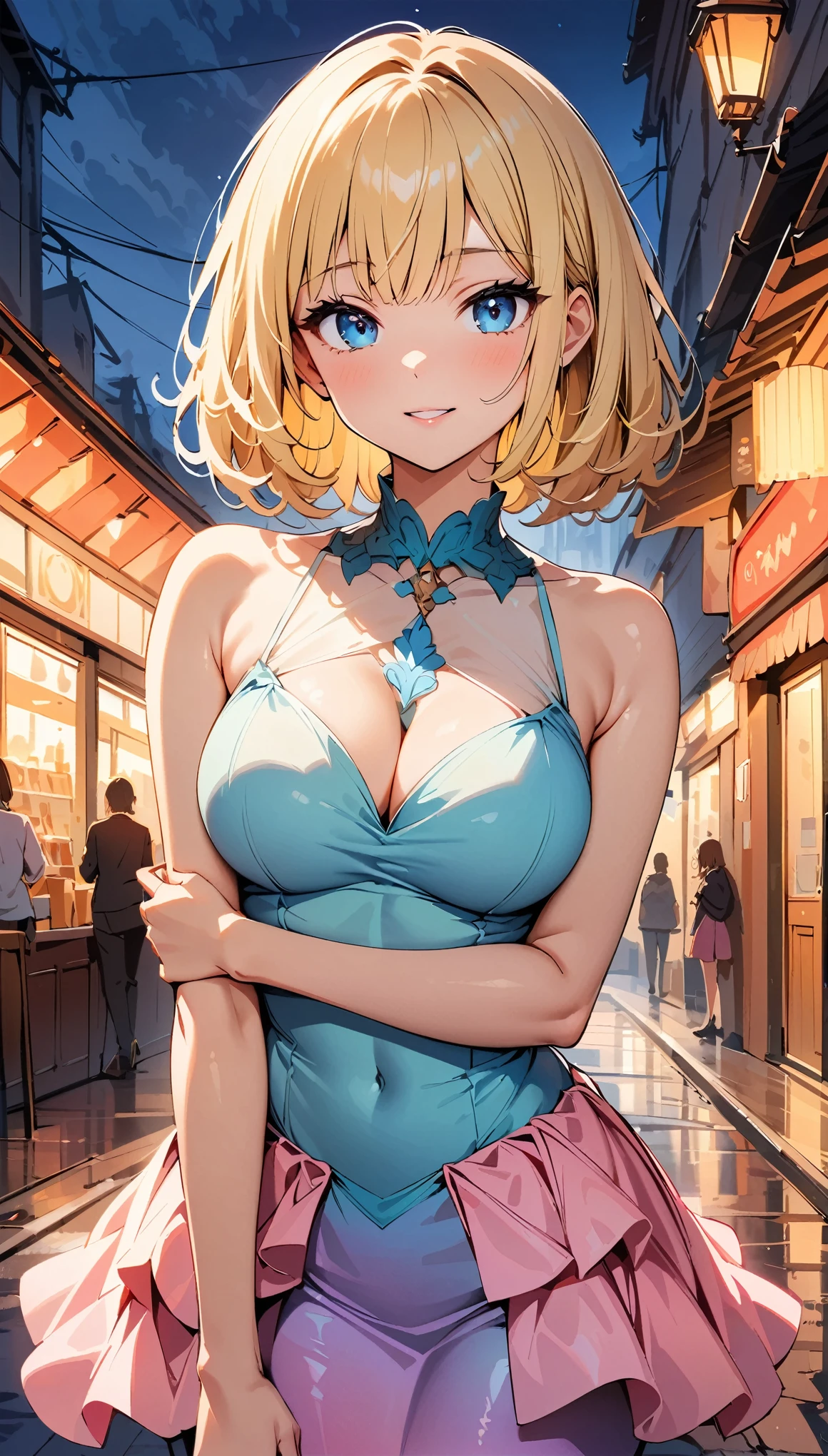 (highest quality, 4K, 8K High Resolution, masterpiece:1.2), Very detailed, one person, woman, (Blonde, Medium Hair, Bobcut, blue eyes), Standing pose, Sexy vibe, Attractive breasts, Magic Hour, (Mermaid Dress), Emphasis on individuality and uniqueness, Fine and beautiful eyes, Beautiful lip detail, Long eyelashes, Bright colors, Photo Spot, In front of a white wall, Cowboy Shot, Soft and warm color palette.