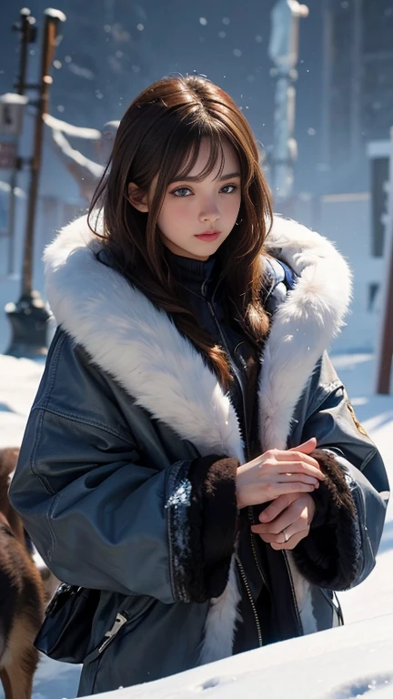 20-year-old woman, semi-long, Brown Hair, Blue Eyes, Fur jacket, Put on the hood, Natural skin texture, Cold regions, High Contrast, Two shepherd dogs, 