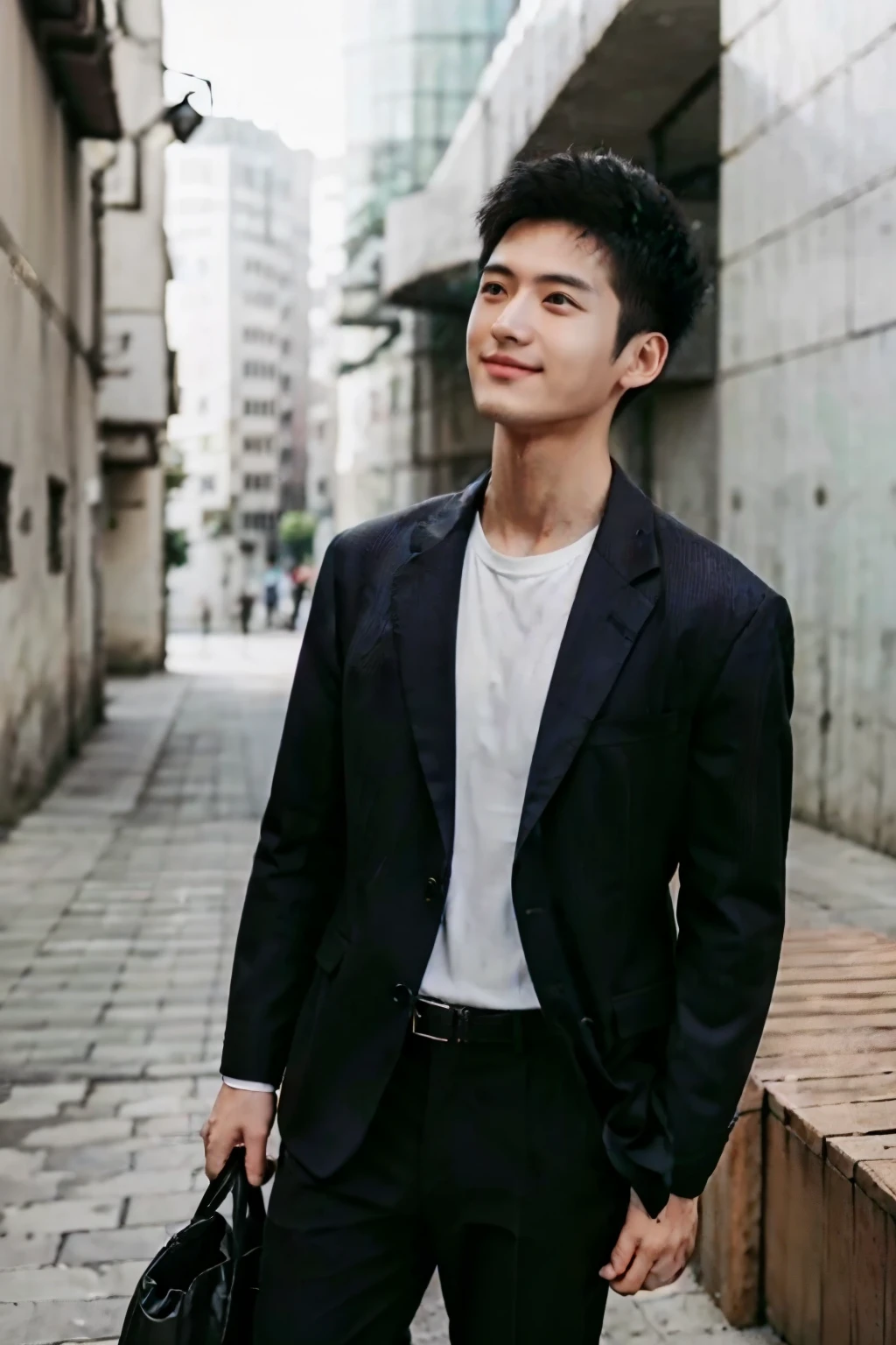 ((highest quality)), ((masterpiece)), (Cinematic aesthetics:1.4) 18-year-old male, Black Hair, whole body, Beautiful clothes, bright, Positive, Stylish, Wrinkle-free clothes, coordinated, smile, Clean-cut outfit, suit, Beautiful cityscape,