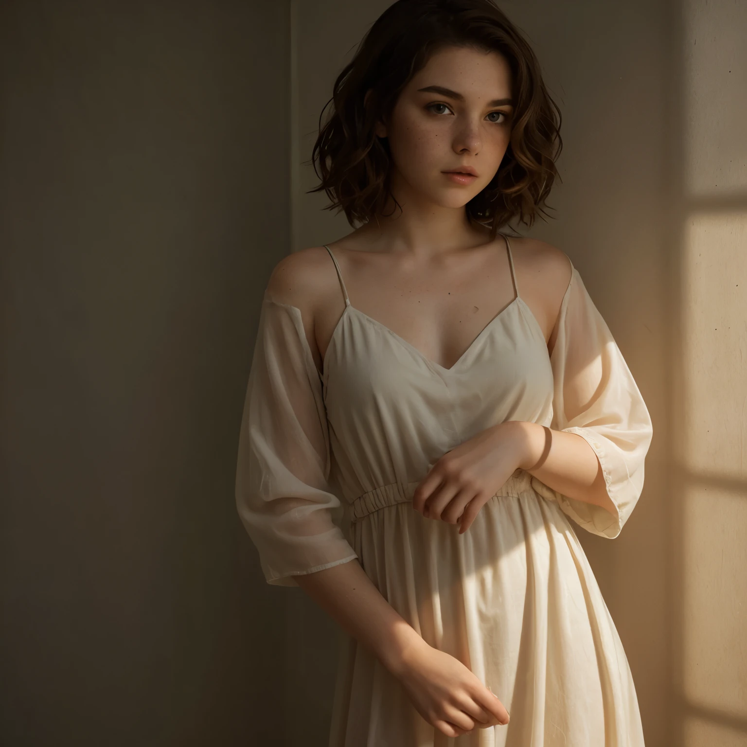 Thick brunette , short wavy hair, extra pale skin, freckles, dramatic lighting with shadows, posing in a loose dress