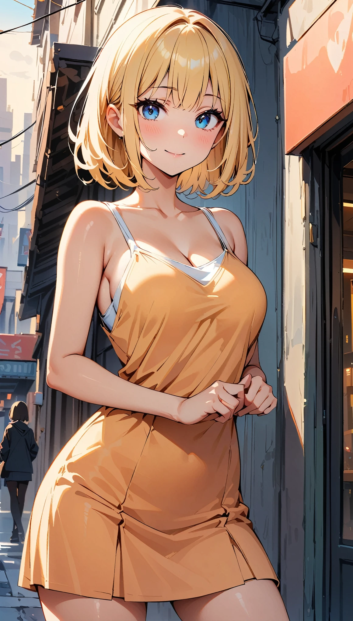 (highest quality, 4K, 8K High Resolution, masterpiece:1.2), Very detailed, one person, woman, (Blonde, Medium Hair, Bobcut, blue eyes), Standing pose, Sexy vibe, Attractive breasts, Magic Hour, (Cami dress), Emphasis on individuality and uniqueness, Fine and beautiful eyes, Beautiful lip detail, Long eyelashes, Bright colors, Photo Spot, In front of a white wall, Cowboy Shot, Soft and warm color palette.