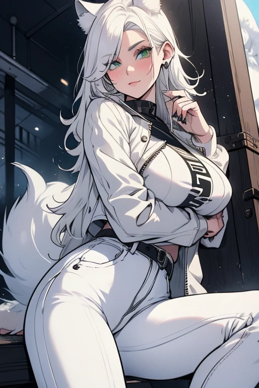 A   white haired woman with green eyes and white wolf ears and a white wolf tail in a leather jacket and jeans is