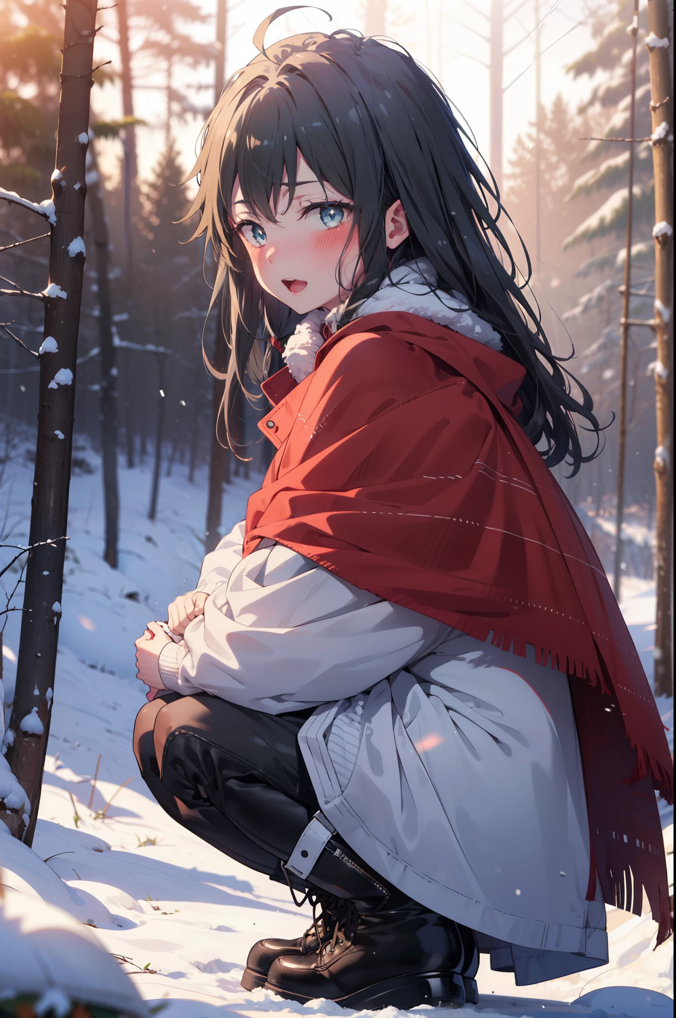 yukinoyukinoshita, yukino yukinoshita, Black Hair, blue eyes, Long Hair, Ahoge,smile,blush,White Breath,
Open your mouth,snow,Ground bonfire, Outdoor, boots, snowing, From the side, wood, suitcase, Cape, Blurred, Increase your meals, forest, White handbag, nature,  Squat, Mouth closed, フードed Cape, winter, Written boundary depth, Black shoes, red Cape break looking at viewer, Upper Body, whole body, break Outdoor, forest, nature, break (masterpiece:1.2), highest quality, High resolution, unity 8k wallpaper, (shape:0.8), (Beautiful and beautiful eyes:1.6), Highly detailed face, Perfect lighting, Highly detailed CG, (Perfect hands, Perfect Anatomy),