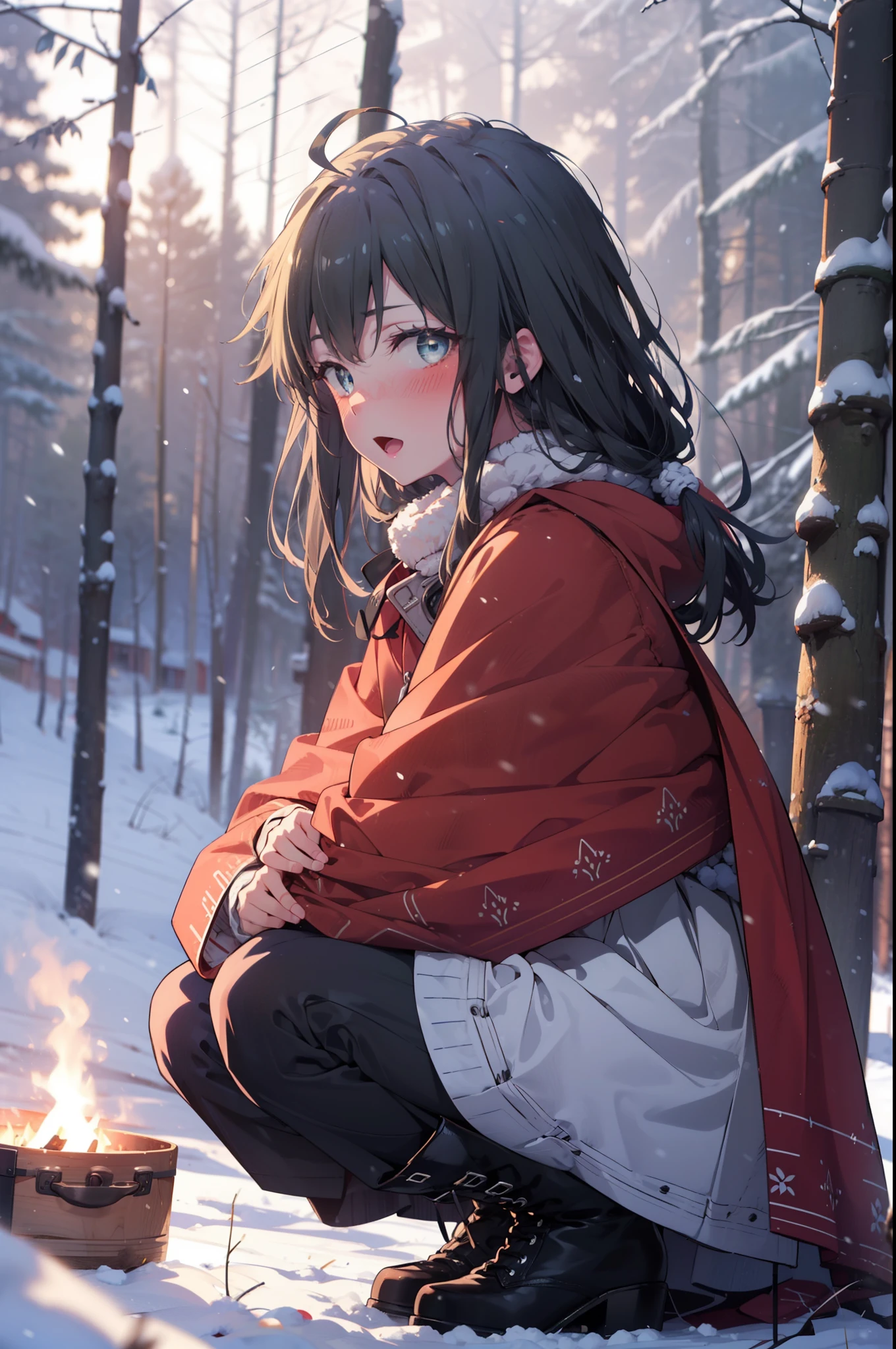 yukinoyukinoshita, yukino yukinoshita, Black Hair, blue eyes, Long Hair, Ahoge,smile,blush,White Breath,
Open your mouth,snow,Ground bonfire, Outdoor, boots, snowing, From the side, wood, suitcase, Cape, Blurred, Increase your meals, forest, White handbag, nature,  Squat, Mouth closed, フードed Cape, winter, Written boundary depth, Black shoes, red Cape break looking at viewer, Upper Body, whole body, break Outdoor, forest, nature, break (masterpiece:1.2), highest quality, High resolution, unity 8k wallpaper, (shape:0.8), (Beautiful and beautiful eyes:1.6), Highly detailed face, Perfect lighting, Highly detailed CG, (Perfect hands, Perfect Anatomy),