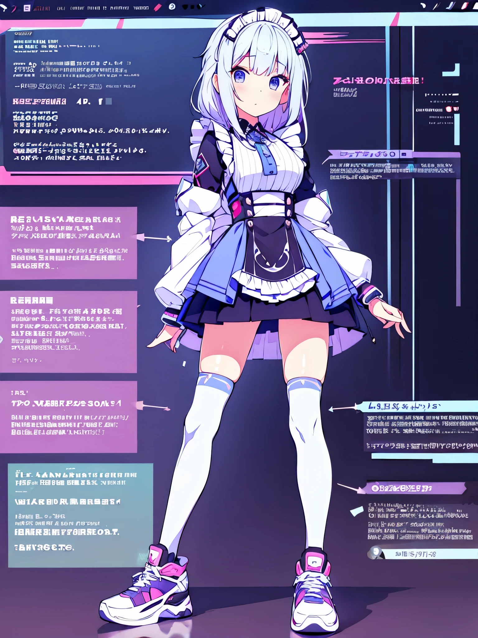 1girl excellent quality 8k prefect anatomy bicolor hair white blue purple eyes maid costume  techno cyberpunk  Mini skirt long stockings with sneakers with great detail  