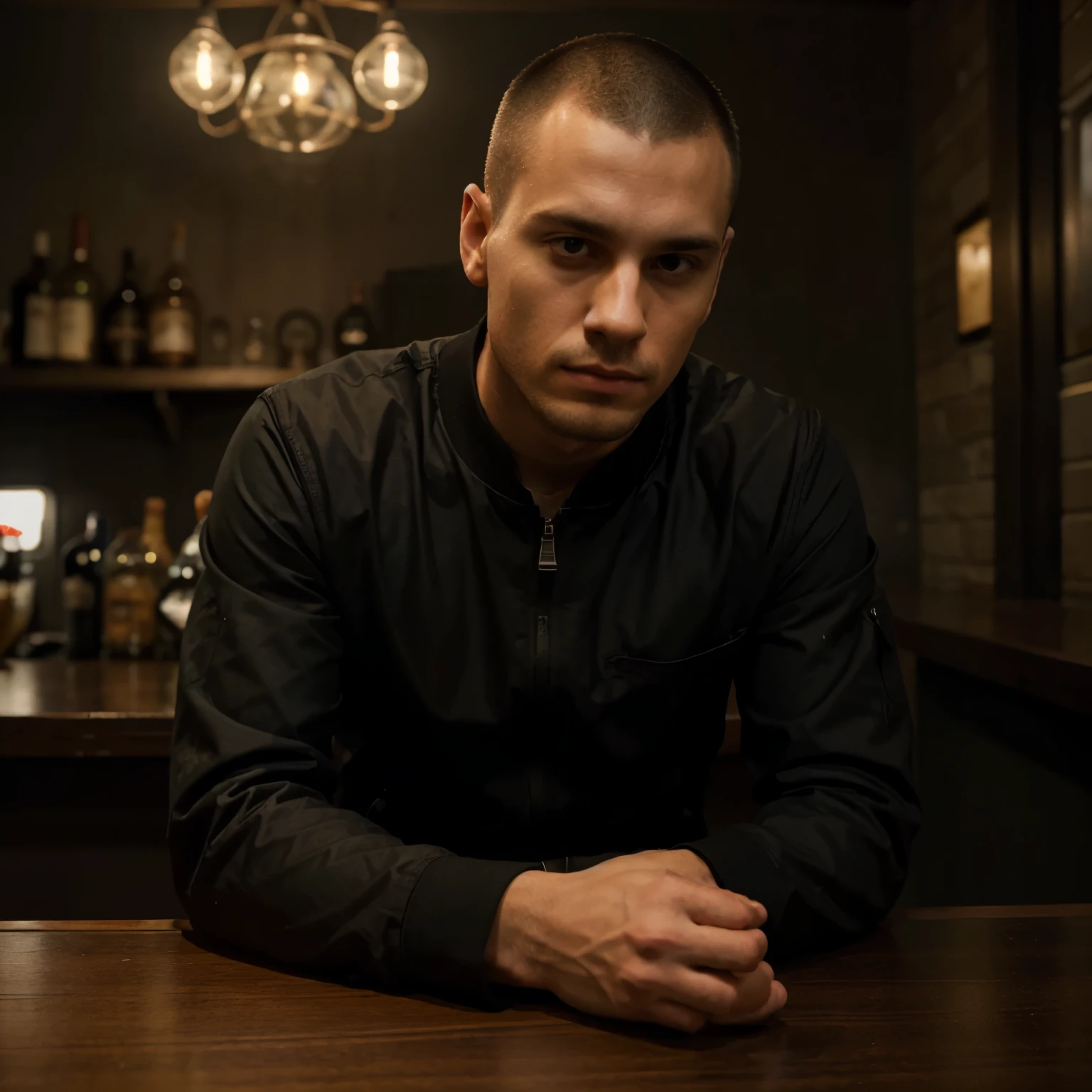 An introverted man in his mid-twenties sits alone at a corner table in a dimly lit bar. He has a military-style buzz cut, reflecting his preference for low-maintenance grooming. Dressed in a black jacket, he keeps it zipped up, giving off an air of self-containment. He wears a plain black shirt underneath, neatly tucked in. Despite the casual attire, his posture suggests a reserved demeanor, with his shoulders slightly hunched forward and his gaze focused downward. His surroundings are filled with the ambient noise of the bar, but he seems detached, lost in his own thoughts. The soft glow of the lights casts subtle shadows on his face, emphasizing his solitude in the crowded space. Despite being alone, there's a sense of calm and self-assuredness about him, as if he's content in his own company.


