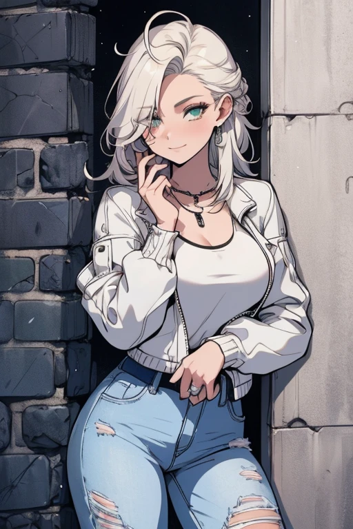 A white haired woman with green eyes and white wolf ears and a white wolf tail in a leather jacket and jeans is leaning against a brick wall